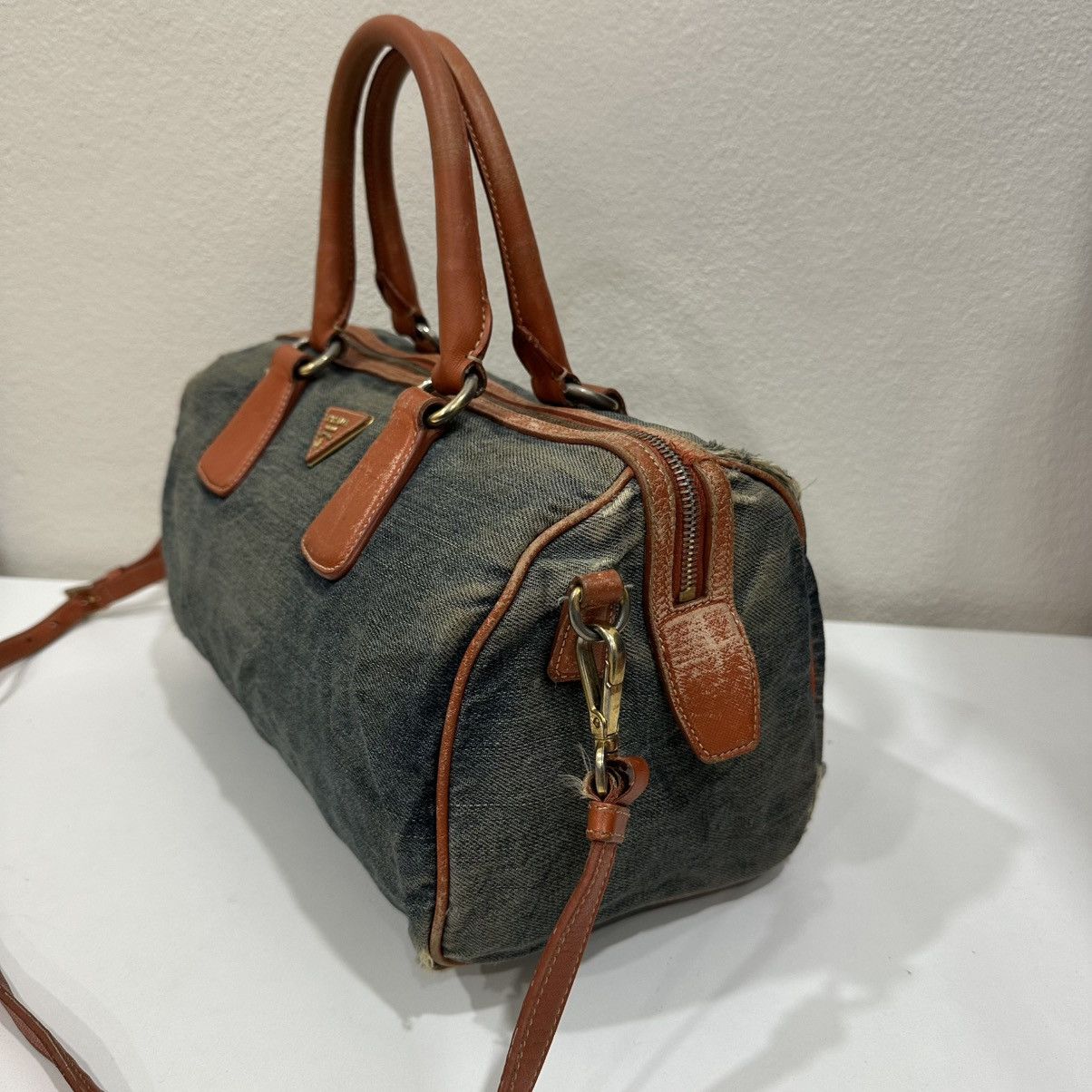 Prada PRADA DISTRESSED DENIM BAULETTO 2 WAY BOSTON BAG Size ONE SIZE - 5 Thumbnail