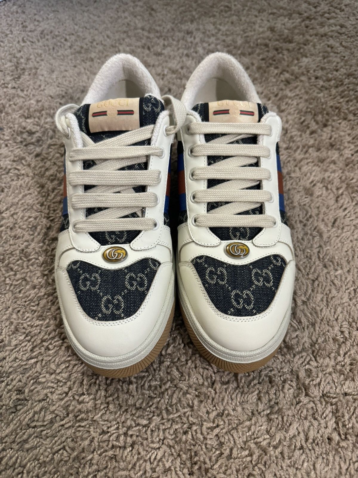 image of Gucci White And Denim Screener Sneakers, Men's (Size 11)