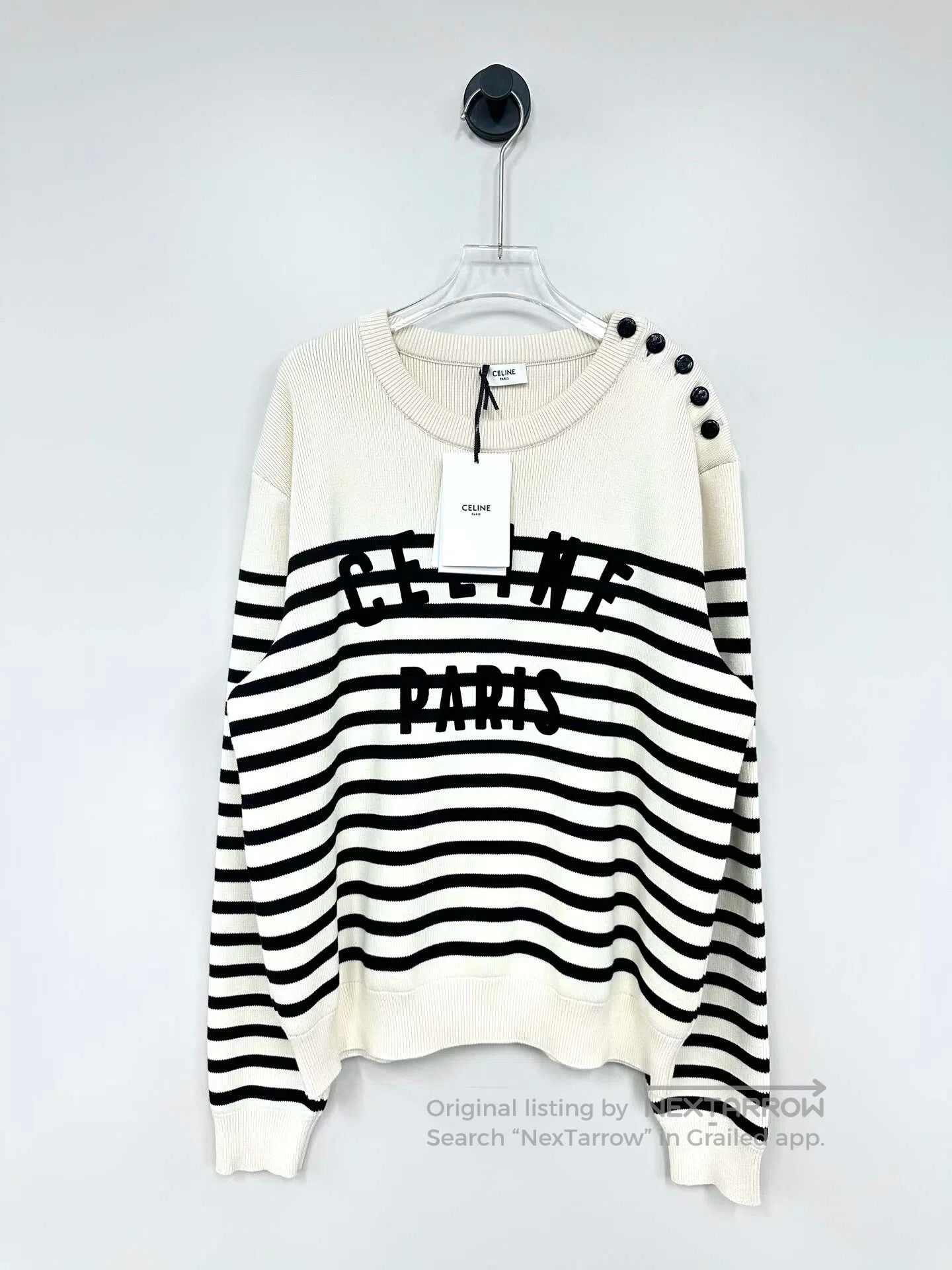 Celine CELINE Beige Striped Stitched Letter Embroidered Logo Knit Size US XL / EU 56 / 4 - 1 Thumbnail