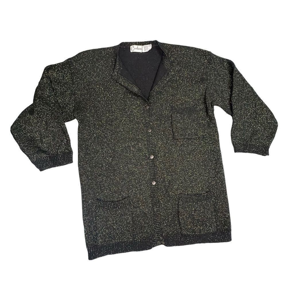 Vintage Vintage 80s Carducci Black Lambswool cardigan with gold and Size M / US 6-8 / IT 42-44 - 4 Thumbnail