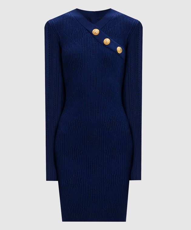 Balmain o1s1wg111025 Rib-Knit Surplice Mini Dress in Blue Size S / US 4 / IT 40 - 1 Thumbnail