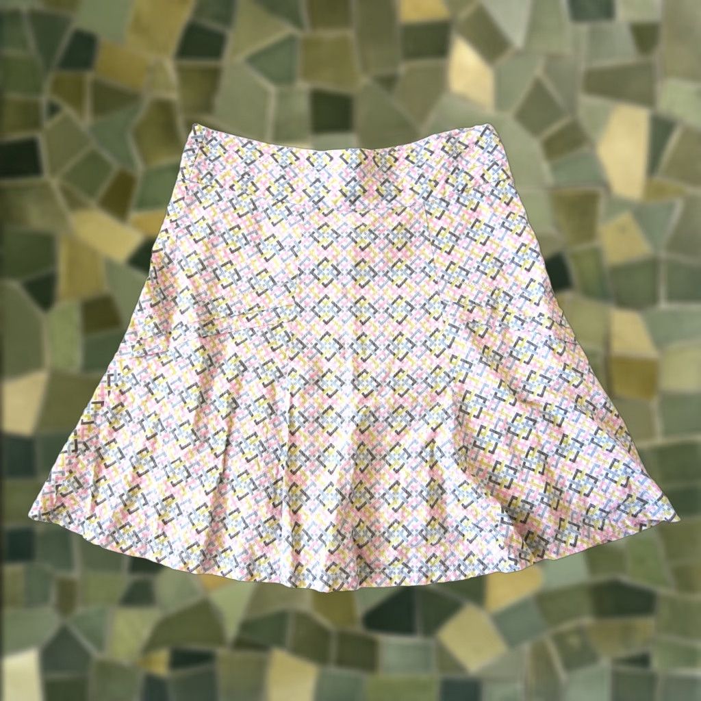 Pinko Susina Skirt Geometric A-Line Pink Yellow Brown 100% Cotton Medium Lined Knee Length Zip Womens Size 32" / US 10 / IT 46 - 1 Thumbnail
