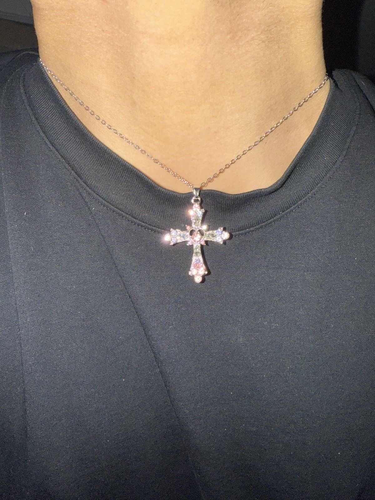 Japanese Brand × Vintage vintage unisex Y2K style silver steel pink cross necklace Size ONE SIZE - 1 Thumbnail