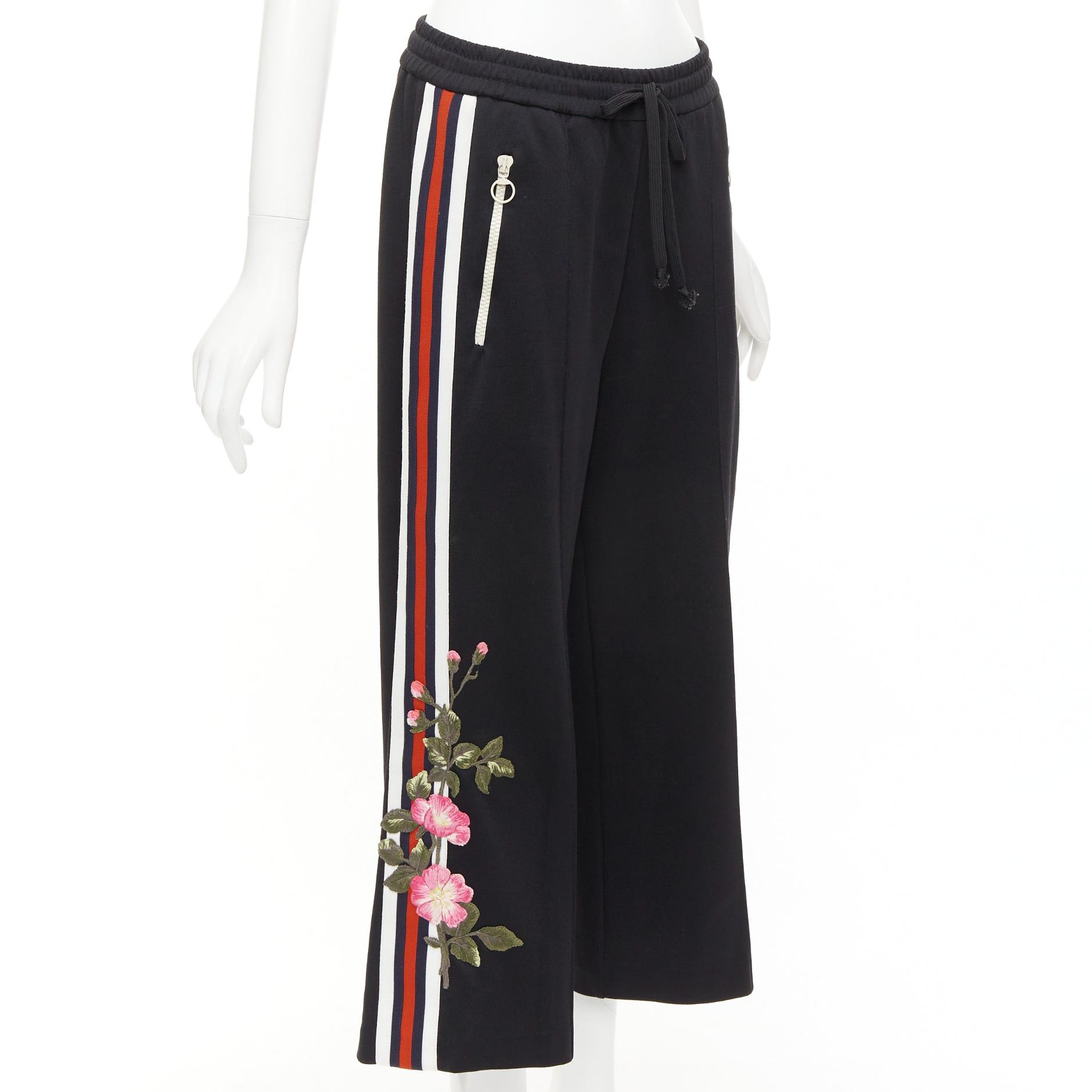 Gucci GUCCI black webbing floral patch zip pocket wide leg joggers Size 28" / US 6 / IT 42 - 1 Thumbnail