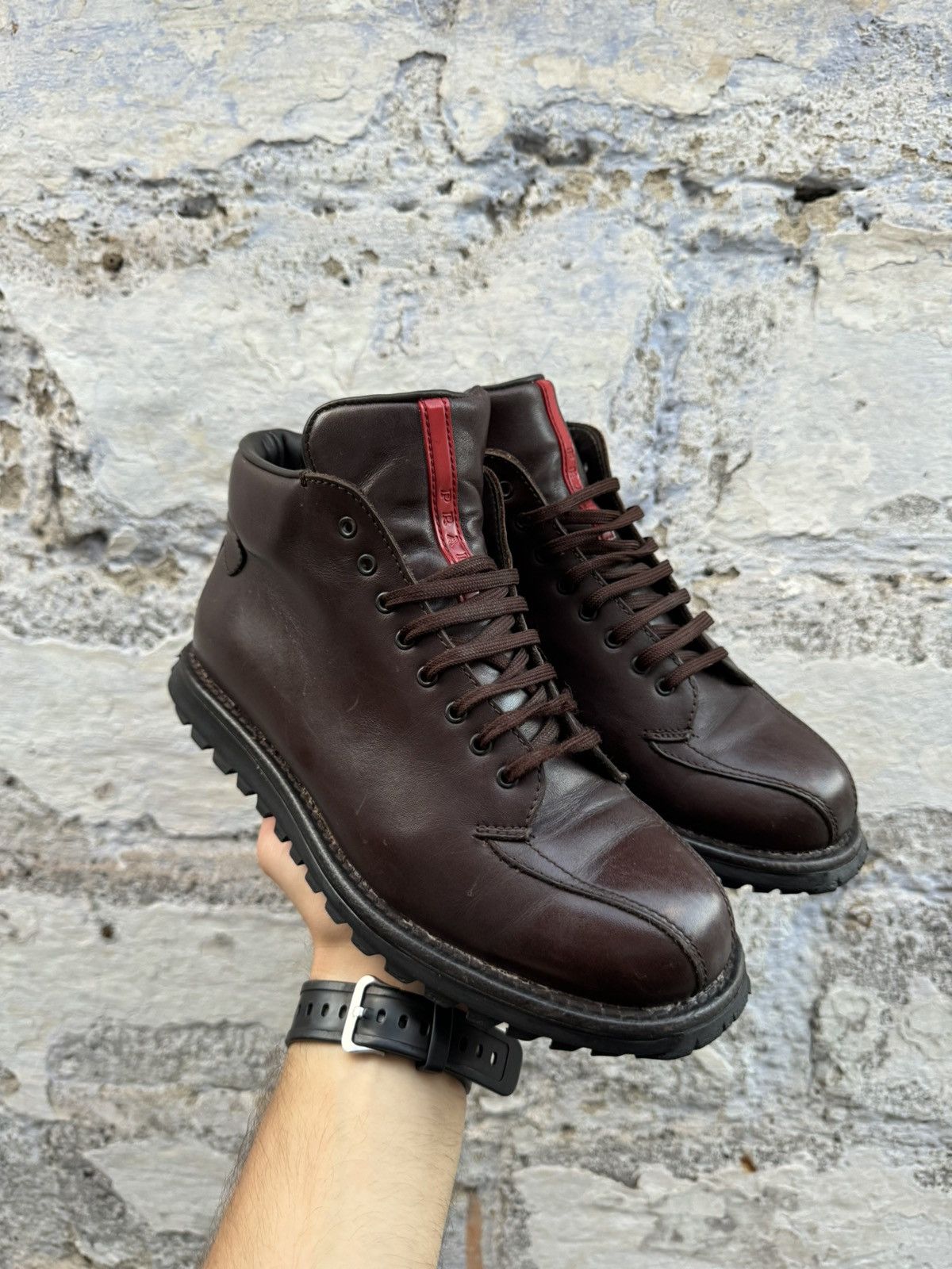 Prada × Vintage Prada Vintage Leather Brown Red Tab Boots size 39 Size US 8.5 / IT 38.5 - 1 Thumbnail