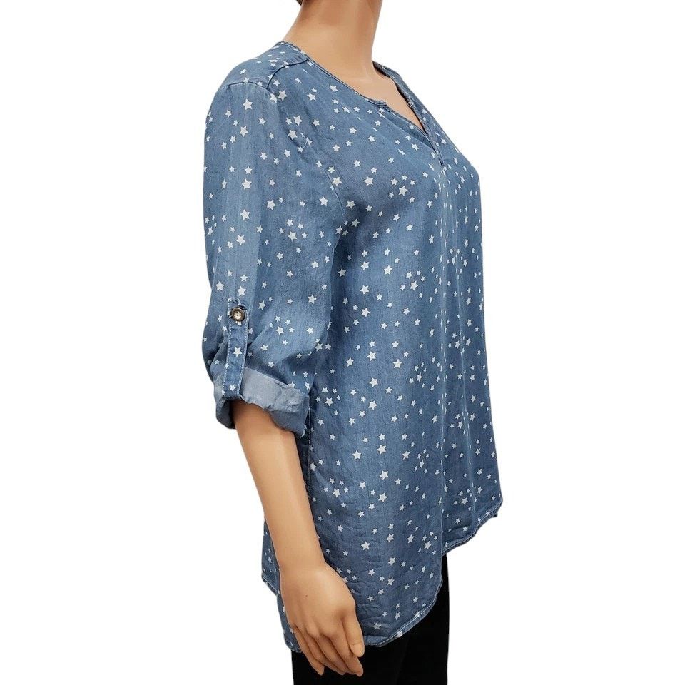 Neiman Marcus Philosophy Chambray Shirt Star Hi Low Tunic Roll Tab Tencel Size M / US 6-8 / IT 42-44 - 5 Thumbnail