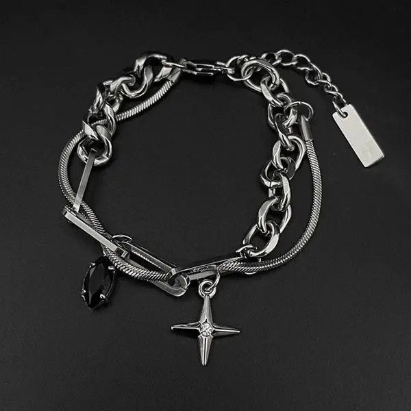 Jewelry Silver Chain Bracelet with Cross and Black Gem Charms Size ONE SIZE - 8 Thumbnail