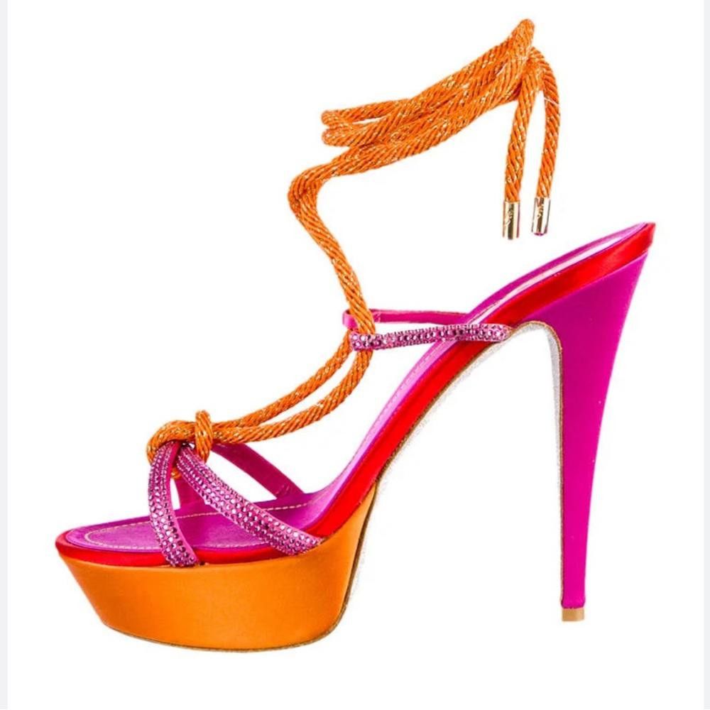 Designer Rene Caovilla Pink/Orange Rhinestone Platform Tie Heels 9.5 Size US 9.5 / IT 39.5 - 1 Thumbnail