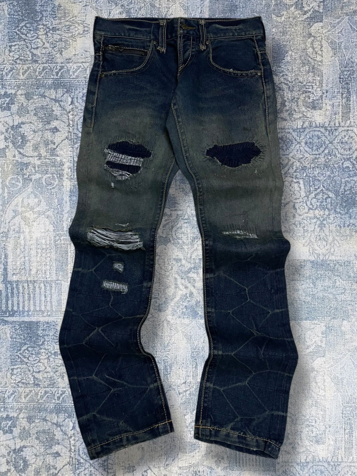 Le Grande Bleu (L.G.B.) Vintage 1990s Og Japan Designer Lagust Scab Distressed Denim Size US 30 / EU 46 - 1 Thumbnail