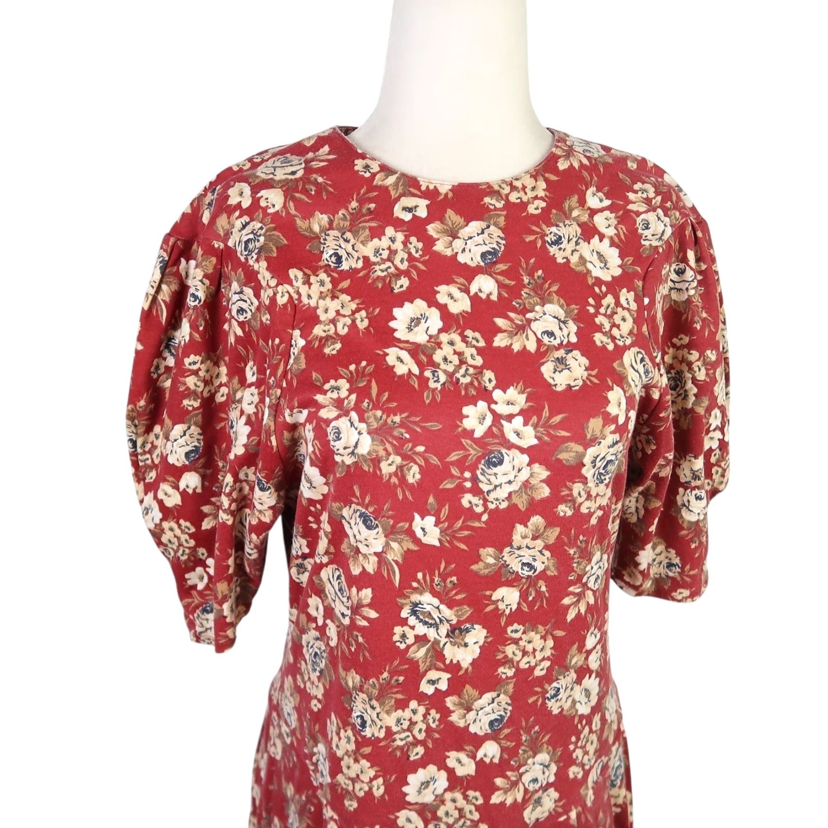 Vintage VINTAGE 80s red and cream floral drop waist midi dress M Womens Midi Floral Puff Sleeve Zip Cotton Casual Party/Cocktail 90s Theme Ladies Size M / US 6-8 / IT 42-44 - 2 Thumbnail
