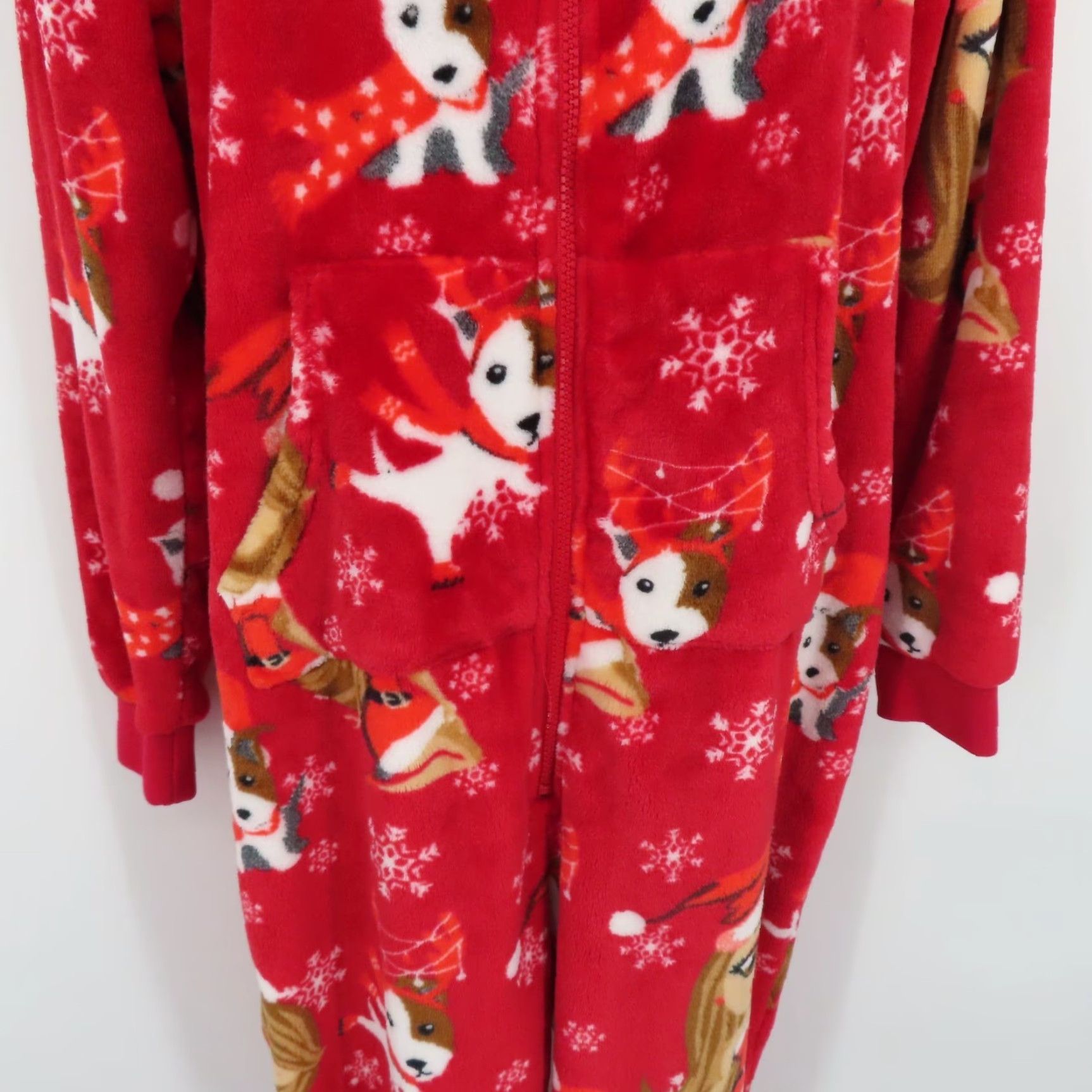 Vintage Mariah Carey Pajama Hooded One Piece Jumpsuit Christmas Holiday Adult Medium Red Polyester Fleece Zip Pocket Women Clothing Size 32" / US 10 / IT 46 - 3 Thumbnail