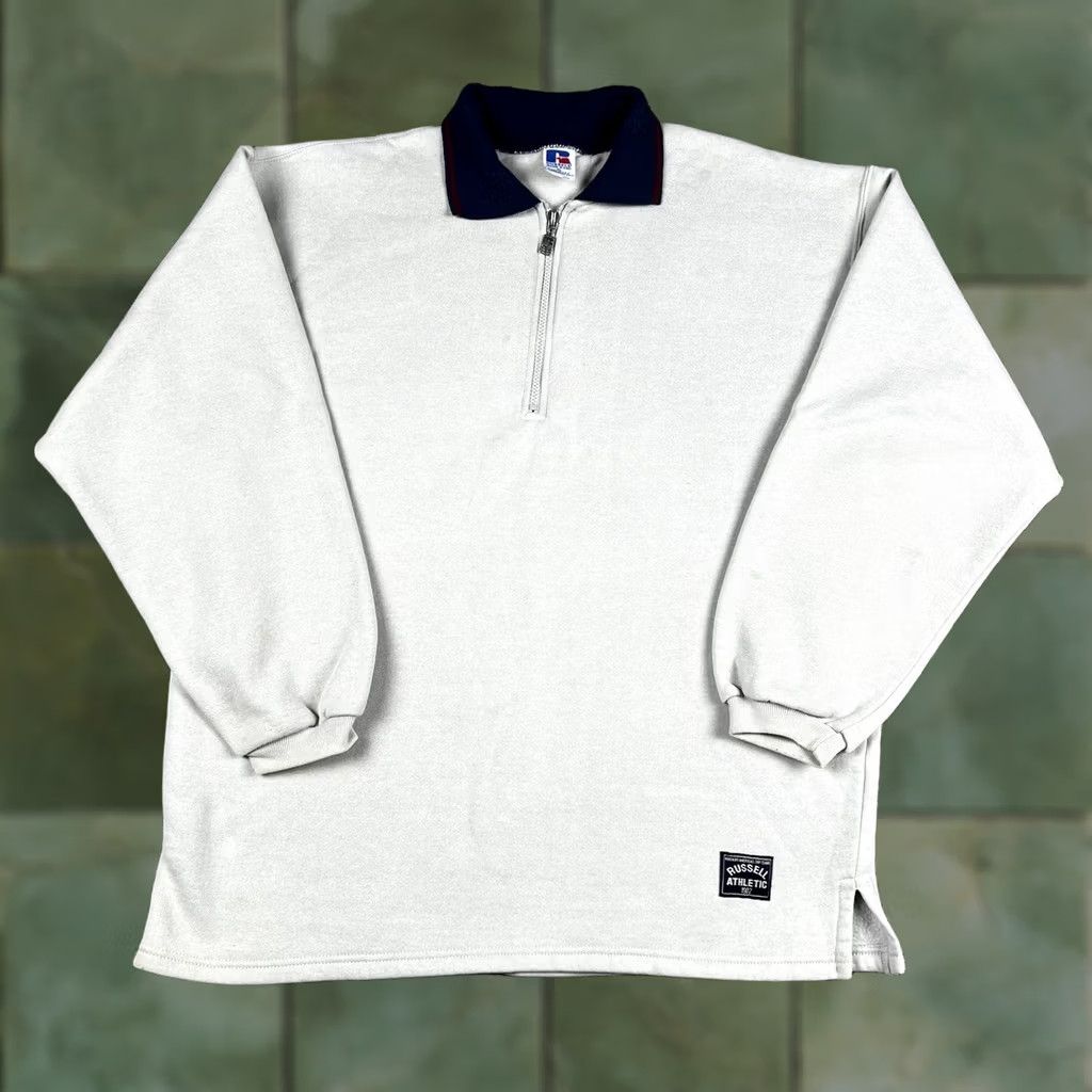 Russell Athletic VINTAGE Russell Athletic Sweatshirt Beige Quarter Zip Pullover XL Men 90s Logo Zipper Pullover Decade Odds & Ends Size US XL / EU 56 / 4 - 1 Thumbnail
