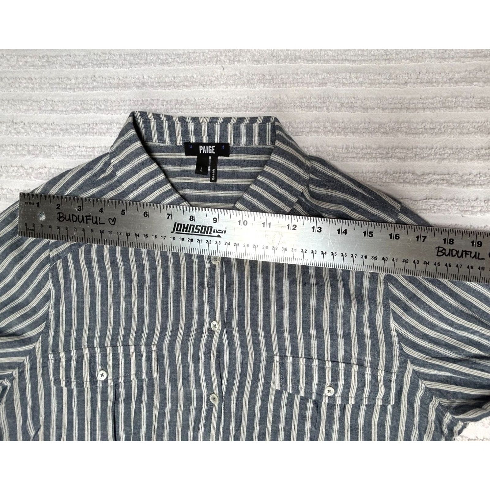 Paige PAIGE Womens Mable Shirt Large Blue Ivory Striped Roll Tab Sleeve Top Pockets Size L / US 10 / IT 46 - 6 Thumbnail