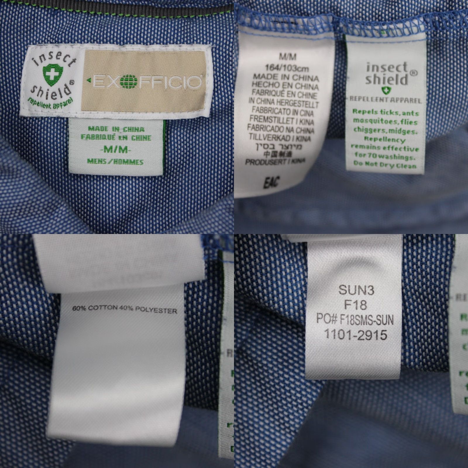 ExOfficio ExOfficio Insect Shield Shirt Mens Medium Blue Cotton/Poly L/S Repellent Apparel Shirt Size US M / EU 48-50 / 2 - 8 Thumbnail