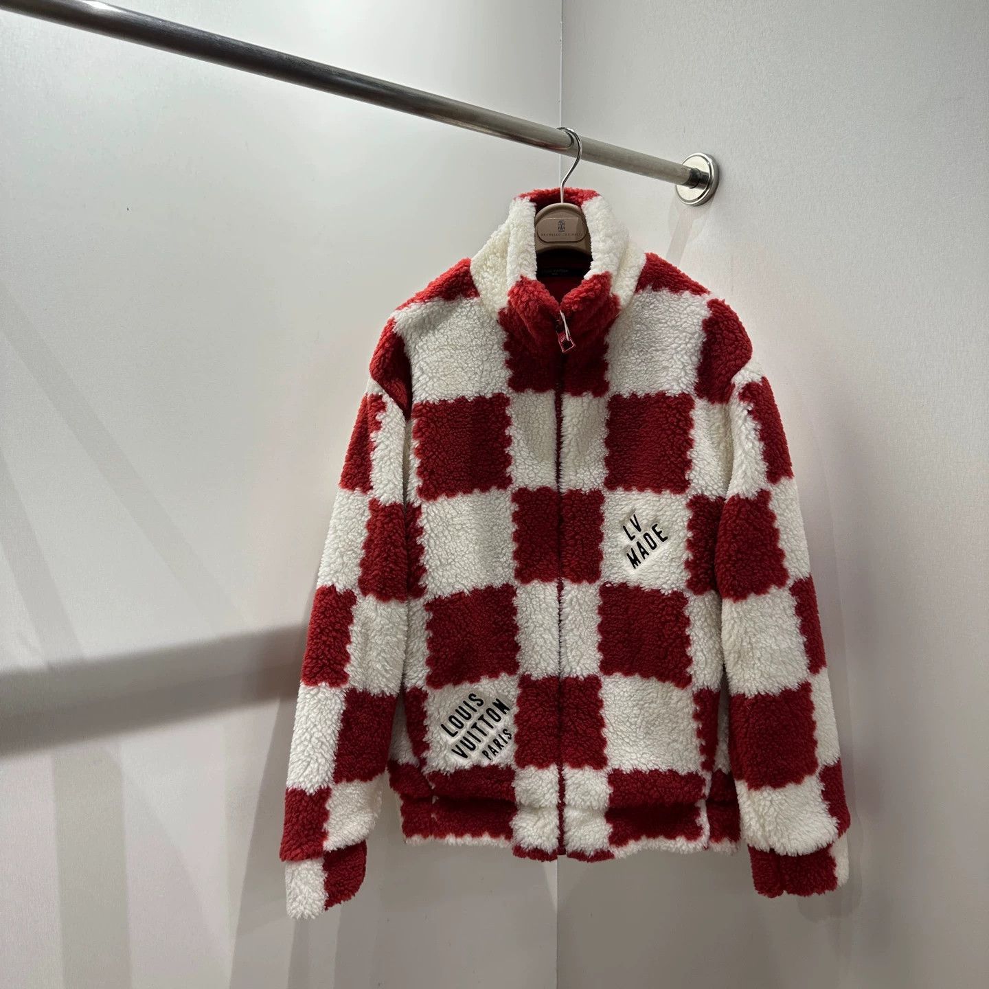Louis Vuitton Red Checkered Fuzzy Zip-Up Jacket Size US M / EU 48-50 / 2 - 1 Thumbnail