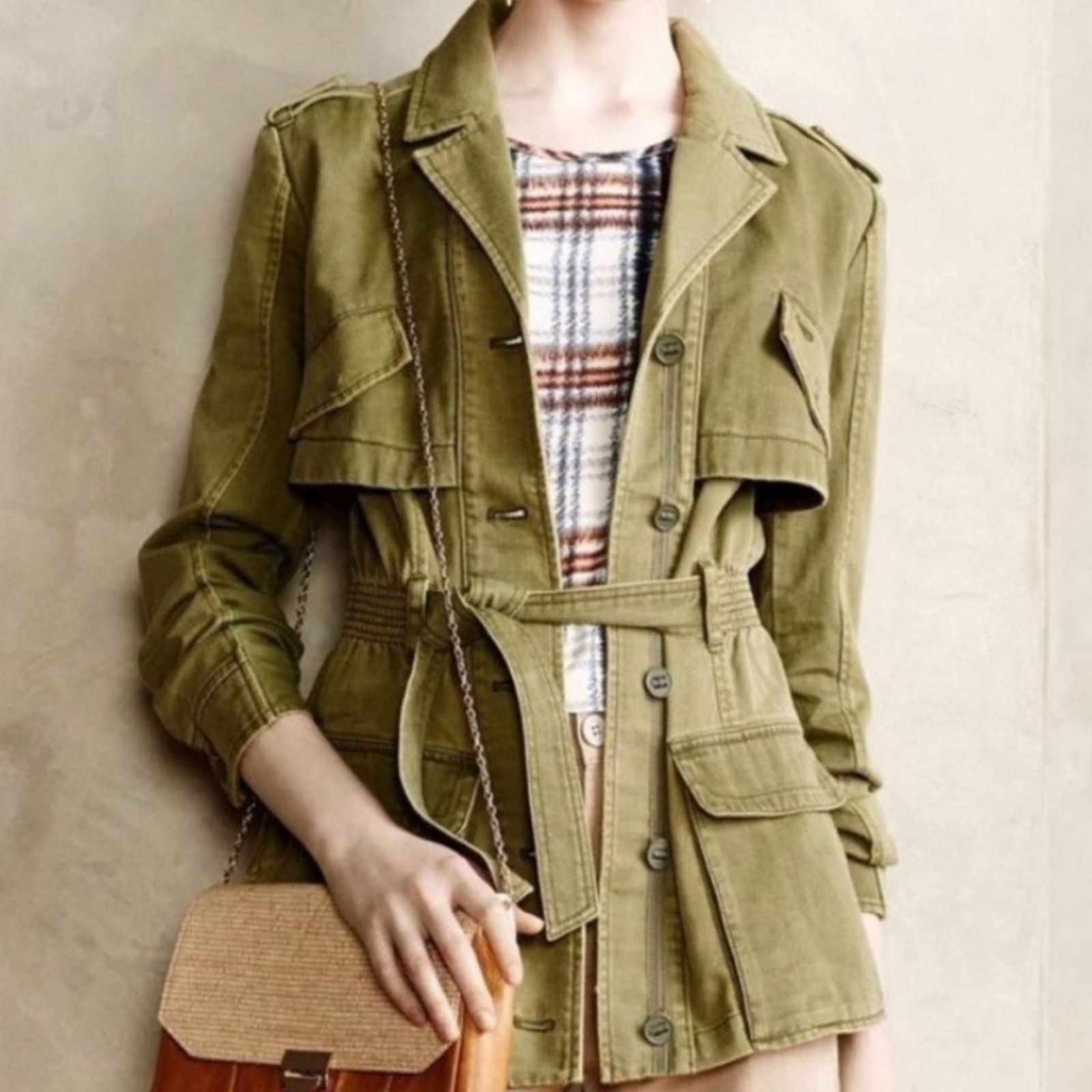 image of Anthropologie Hei Hei Ruffle Green Belted Anorak Jacket Xs, Women's