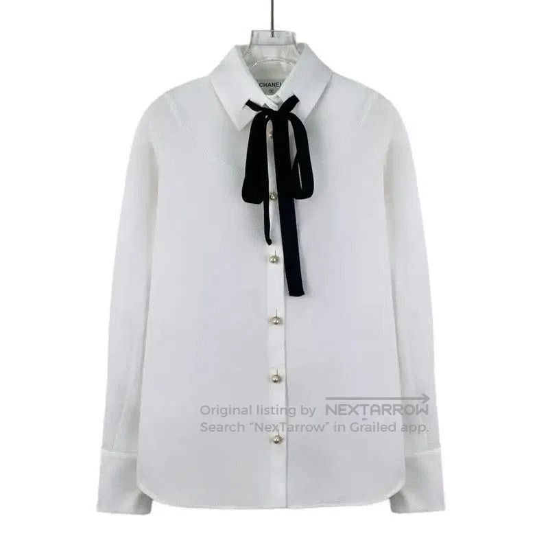 Chanel Chanel White Cotton Women's Shirt with Ribbon Tie . Size S / US 4 / IT 40 - 1 Thumbnail