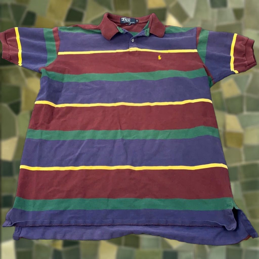 VINTAGE Polo Ralph Lauren Shirt Mens XL Striped Pony Preppy 90s USA Polo Shirt (XL) Multicolor Cotton Knit Short Sleeve Collared Button-Front