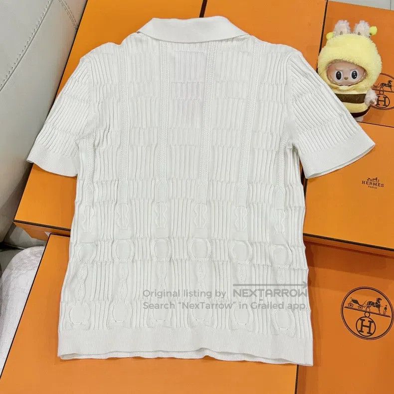 Hermes Hermes White collar knit short sleeve, mulberry silk and c Size M / US 6-8 / IT 42-44 - 2 Thumbnail