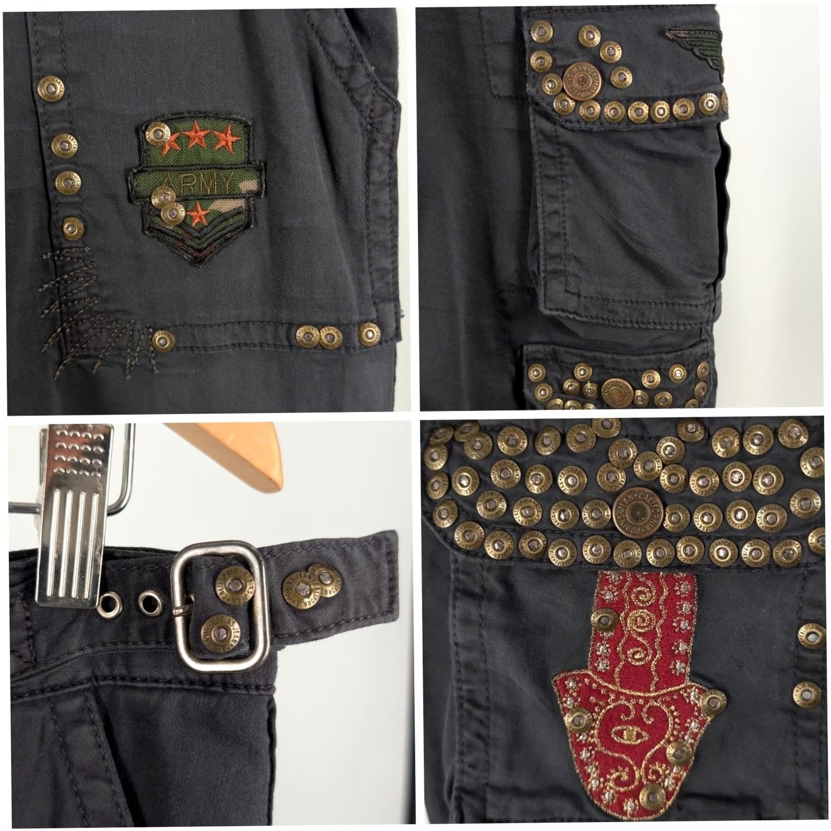 Vintage VINTAGE Robin’s Jean Cargo Capris 29 Women Black Studded USA Side Straps Military 32 Wrist Cuff Wings Embroidered 2000s Mens Women Girls Size 29" - 4 Thumbnail