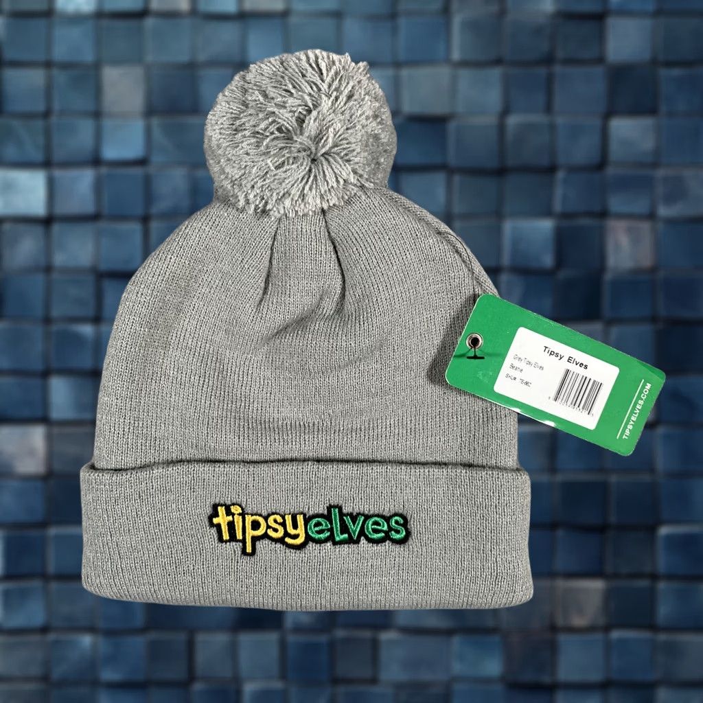 Vintage Tipsy Elves Hat Beanie Grey Knit Pom Pom Cuffed Winter Warm One Size Mens Size ONE SIZE - 1 Thumbnail
