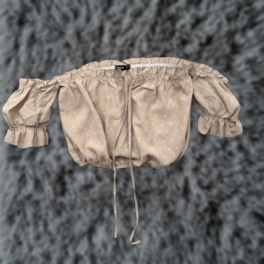 Shein SheIn Crop Top Women Sz 4 Cropped Blouse Puff Sleeve Off the Shoulder Ruffle Clip Dot Polyester Brown Women VINTAGE? No — keep No Vintage per rule. Size S / US 4 / IT 40 - 1 Thumbnail