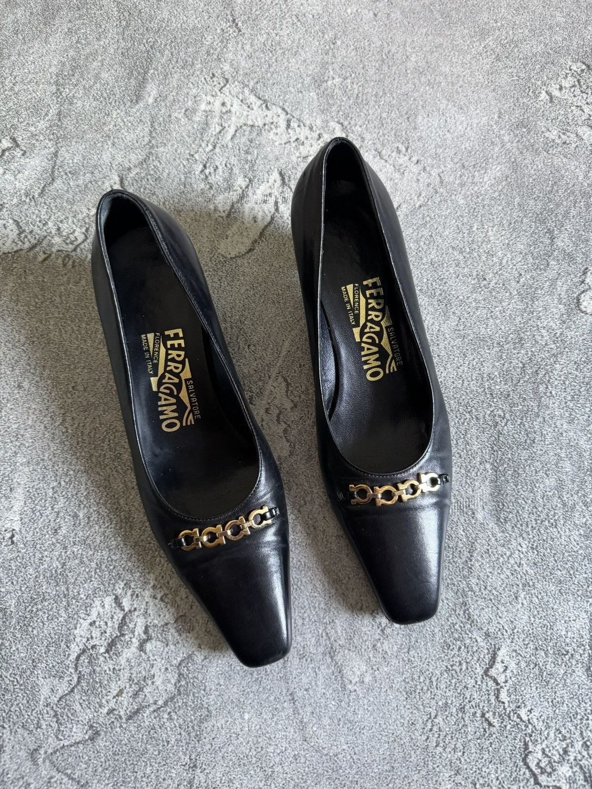 Salvatore Ferragamo Salvatore Ferragamo black leather short heels 👠 gold detail Size US 6 / IT 36 - 9 Thumbnail