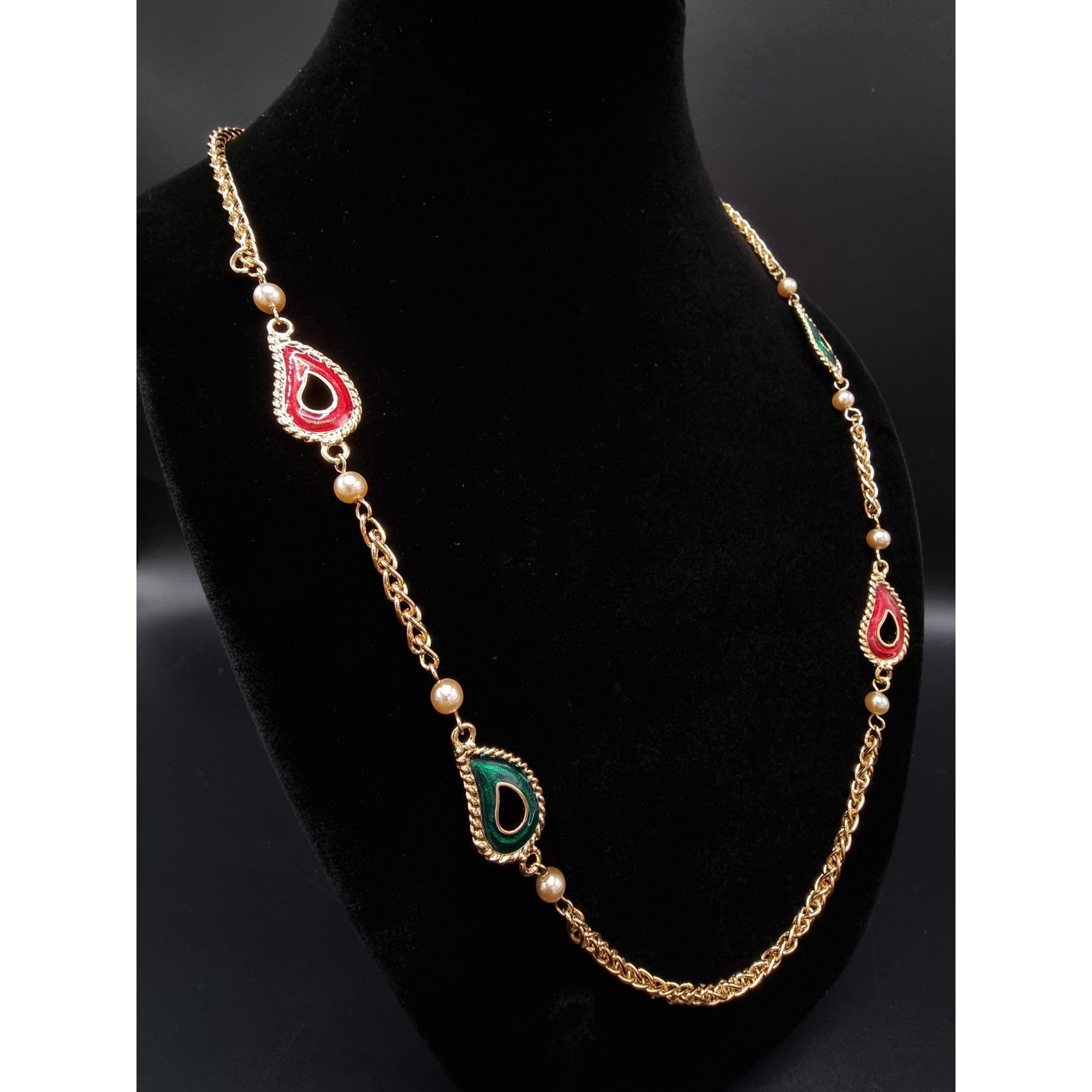 Kenneth Jay Lane Vintage 1990s KJL Gold-Tone Necklace With Red & Green Enamel Size ONE SIZE - 6 Thumbnail