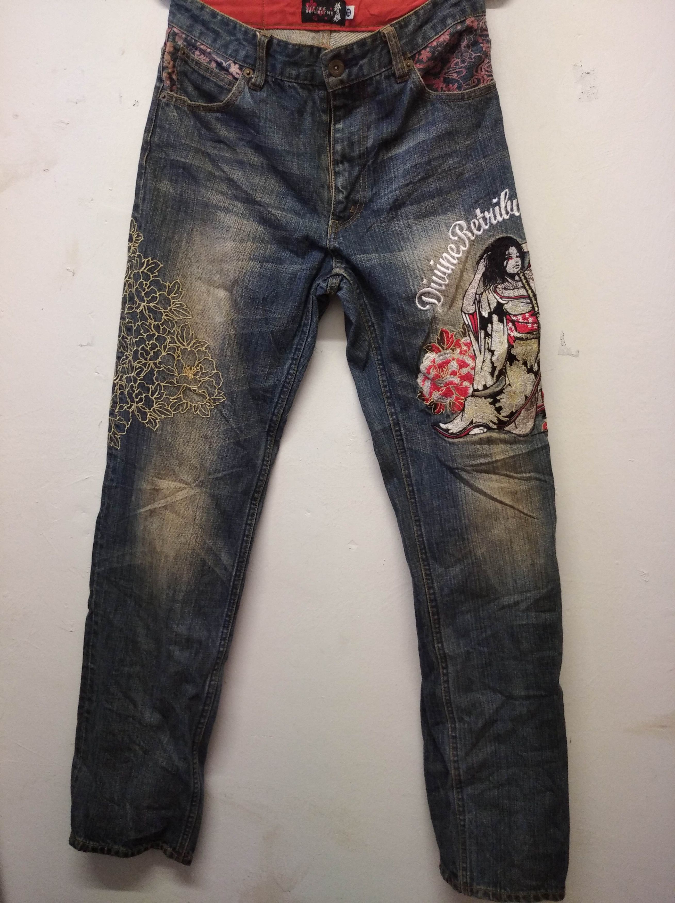 image of Sukajan Souvenir Jacket Divine Retribotion Karakuri Style Embroidered Denim Jeans, Men's (Size 30)