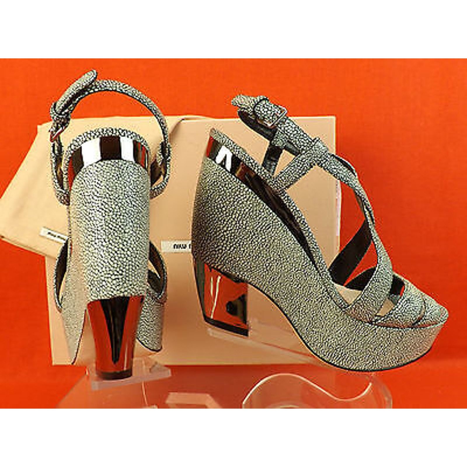 Miu Miu STINGRAY PEBBLE LEATHER METAL HEEL PLATFORM SANDALS 41 $750 Size US 11 / IT 41 - 11 Thumbnail