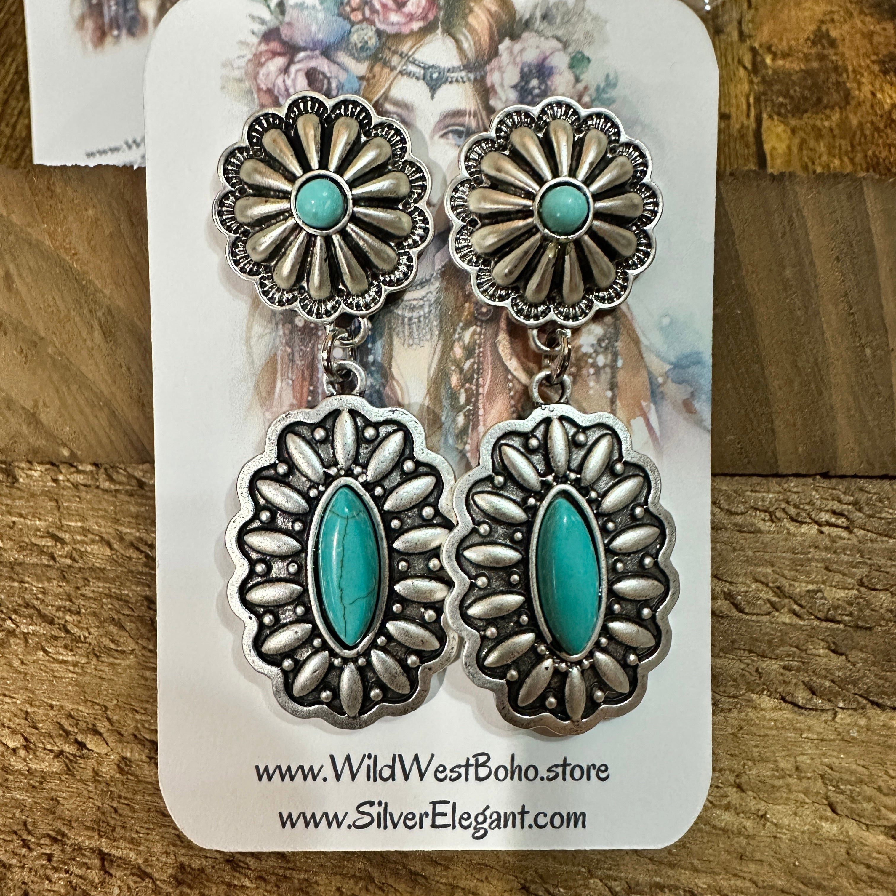 Other Concho Turquoise Brass Post Earrings 2.2 Inches Long Antique Size ONE SIZE - 2 Thumbnail