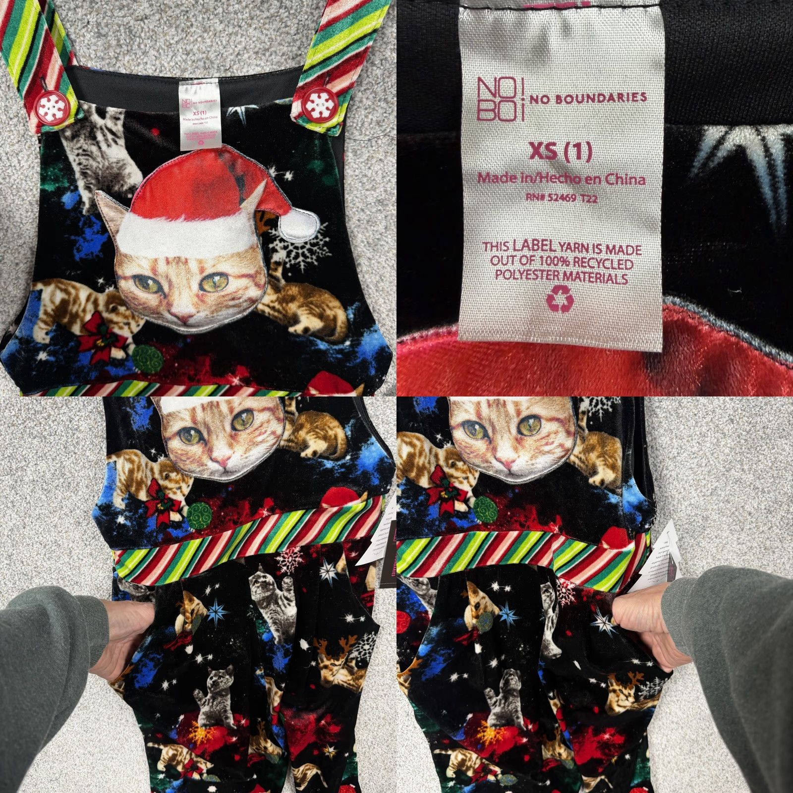 Vintage No Boundaries Jumpsuit Womens XS Black Cat Santa Velour Christmas Kitsch NWT Size 26" / US 2 / IT 38 - 8 Thumbnail