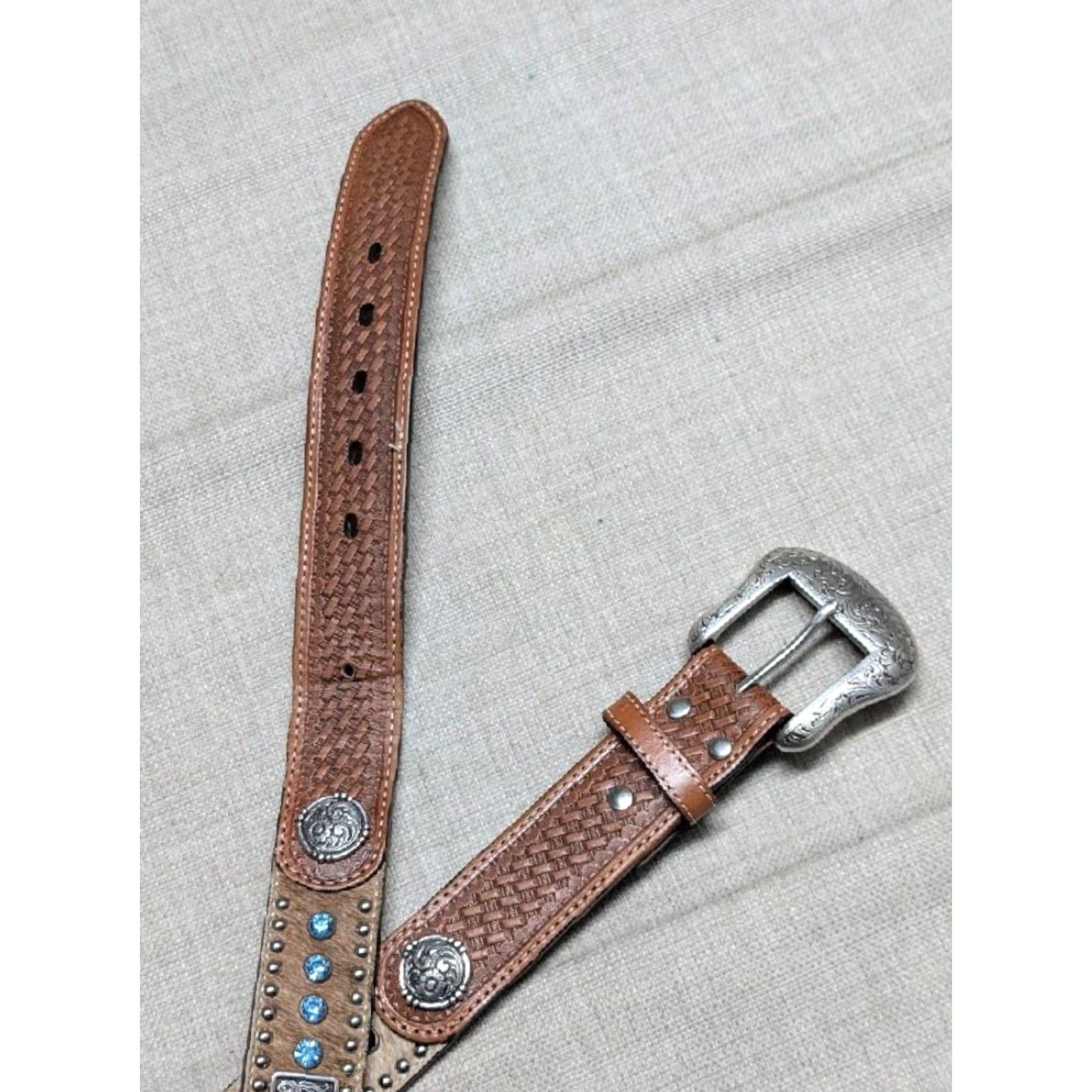 Vintage VINTAGE NOCONA belt Western Leather buckle studded cowhair ends Rhinestone 42 Size 42 - 7 Thumbnail