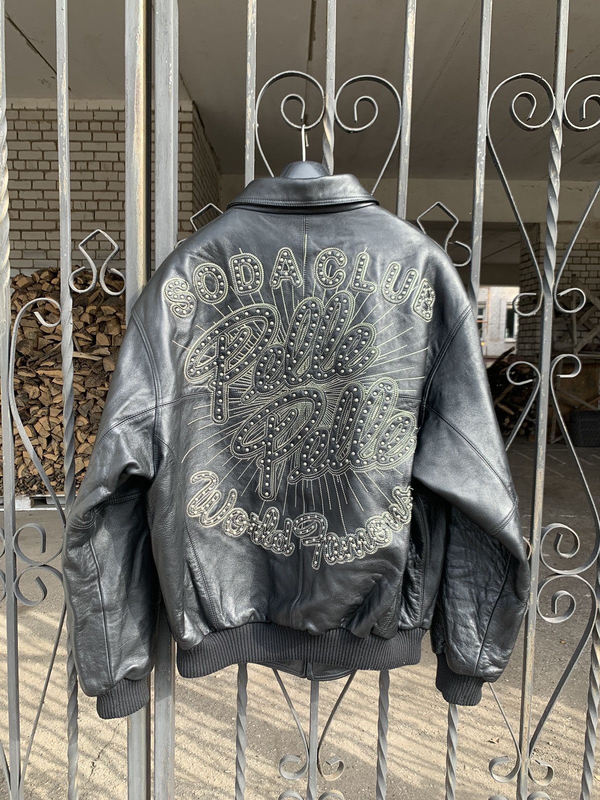 image of Marc Buchanan x Pelle Pelle Crazy Pelle Pelle Soda Club Studded Leather Jacket Bomber in Black (Siz