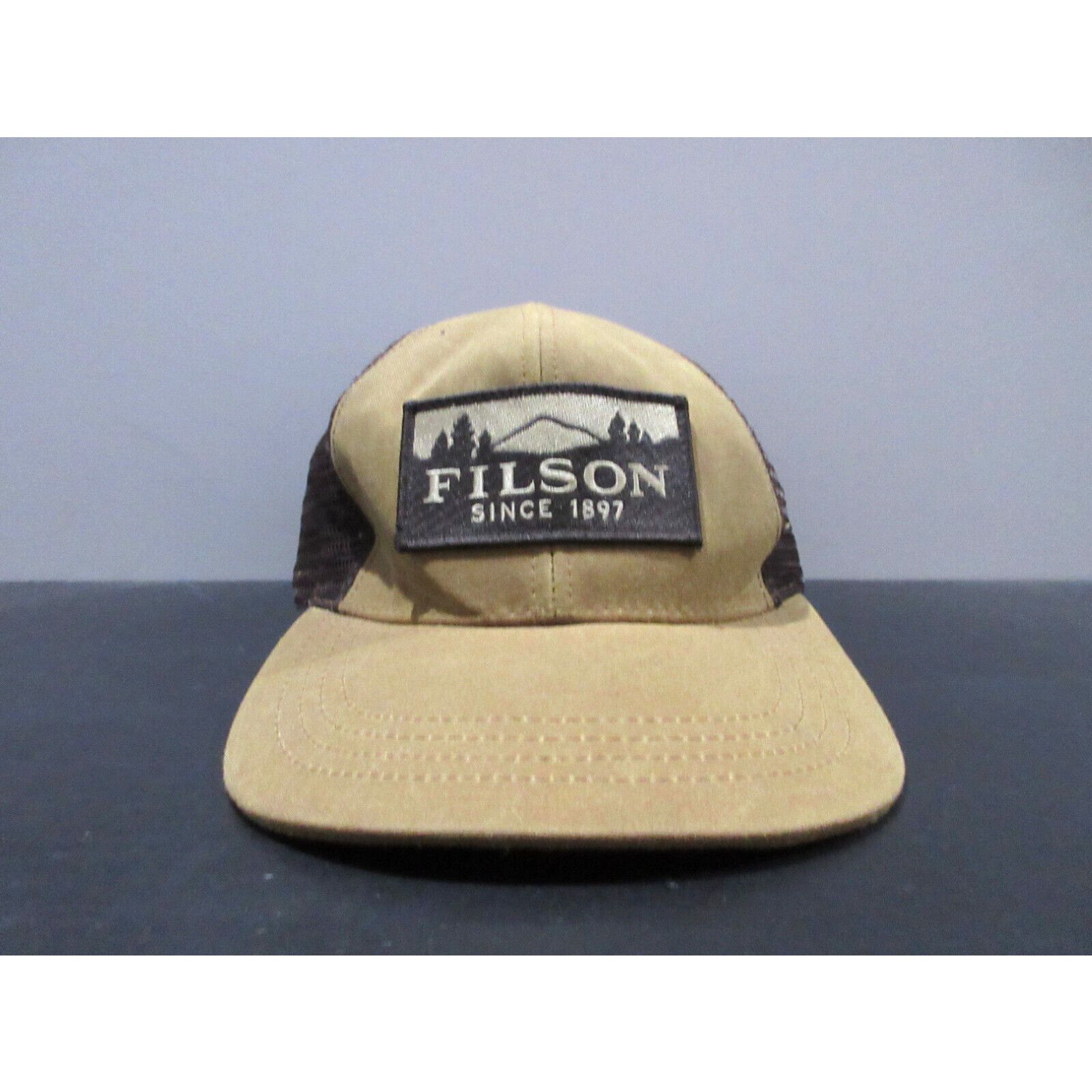 image of Filson Hat Cap Strap Back Brown Trucker Patch Outdoors Work Wear Mens in White