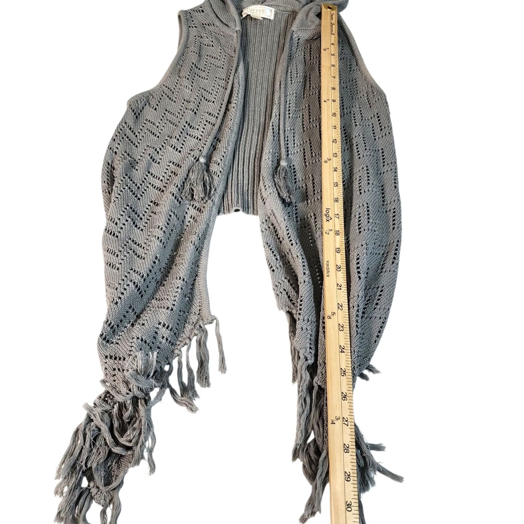 Decree DECREE Gray Crochet Knit Hooded Fringe Vest Cardigan Women's M Mango? Size M / US 6-8 / IT 42-44 - 4 Thumbnail
