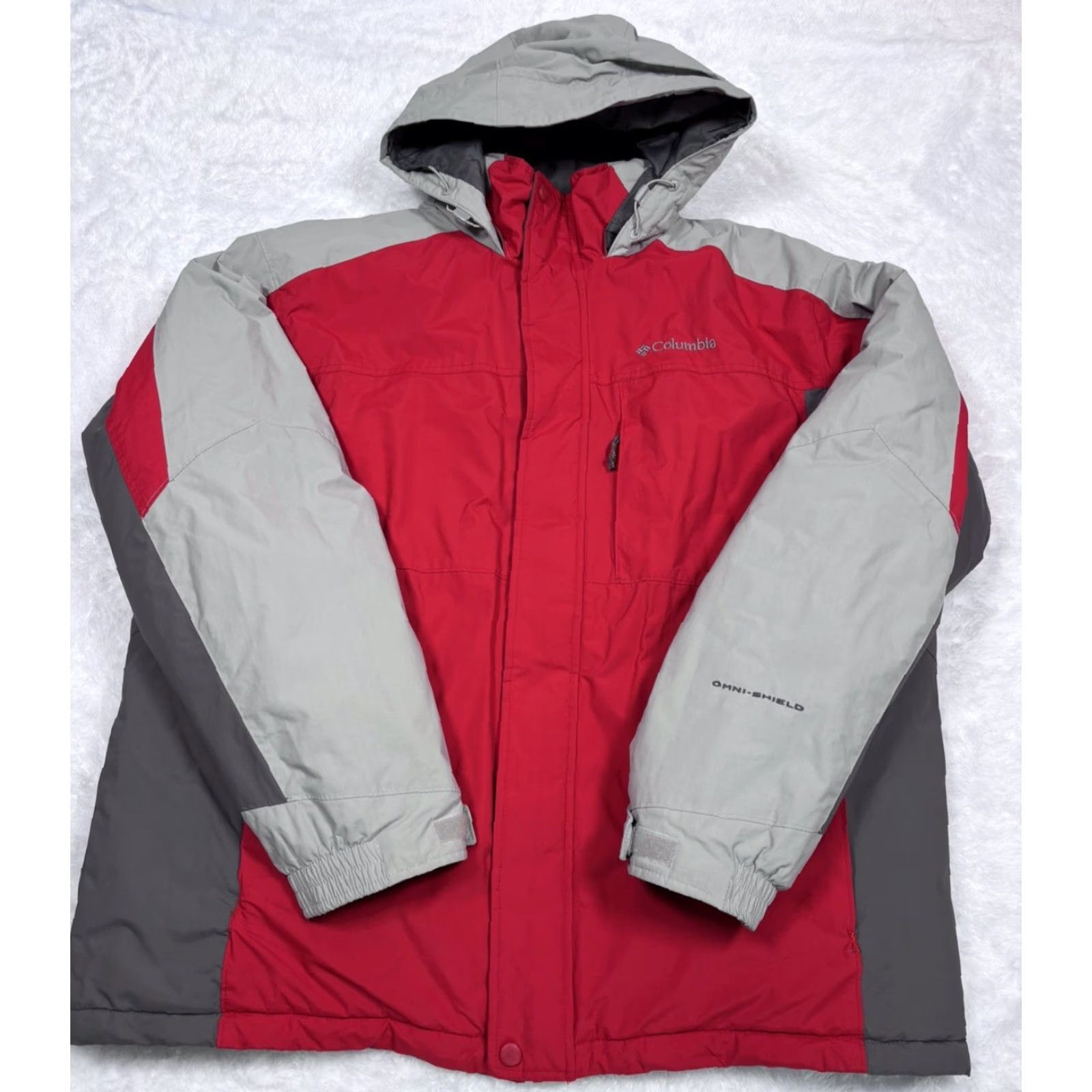 VINTAGE Columbia Puffer Jacket Colorblock Red Zip Hooded