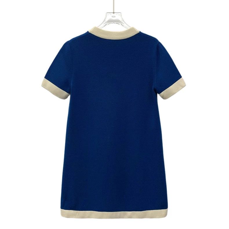 Gucci Dark blue logo embroidered wool round neck short-sle