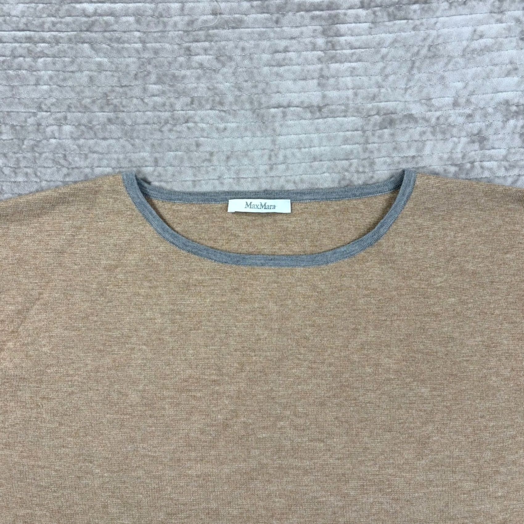 Max Mara MaxMara Sweater Crew Neck Wool Blend Cashmere Tan Grey Trim, 3/4 Sleeve, Size S, Womens, Casual Workwear Size S / US 4 / IT 40 - 4 Thumbnail