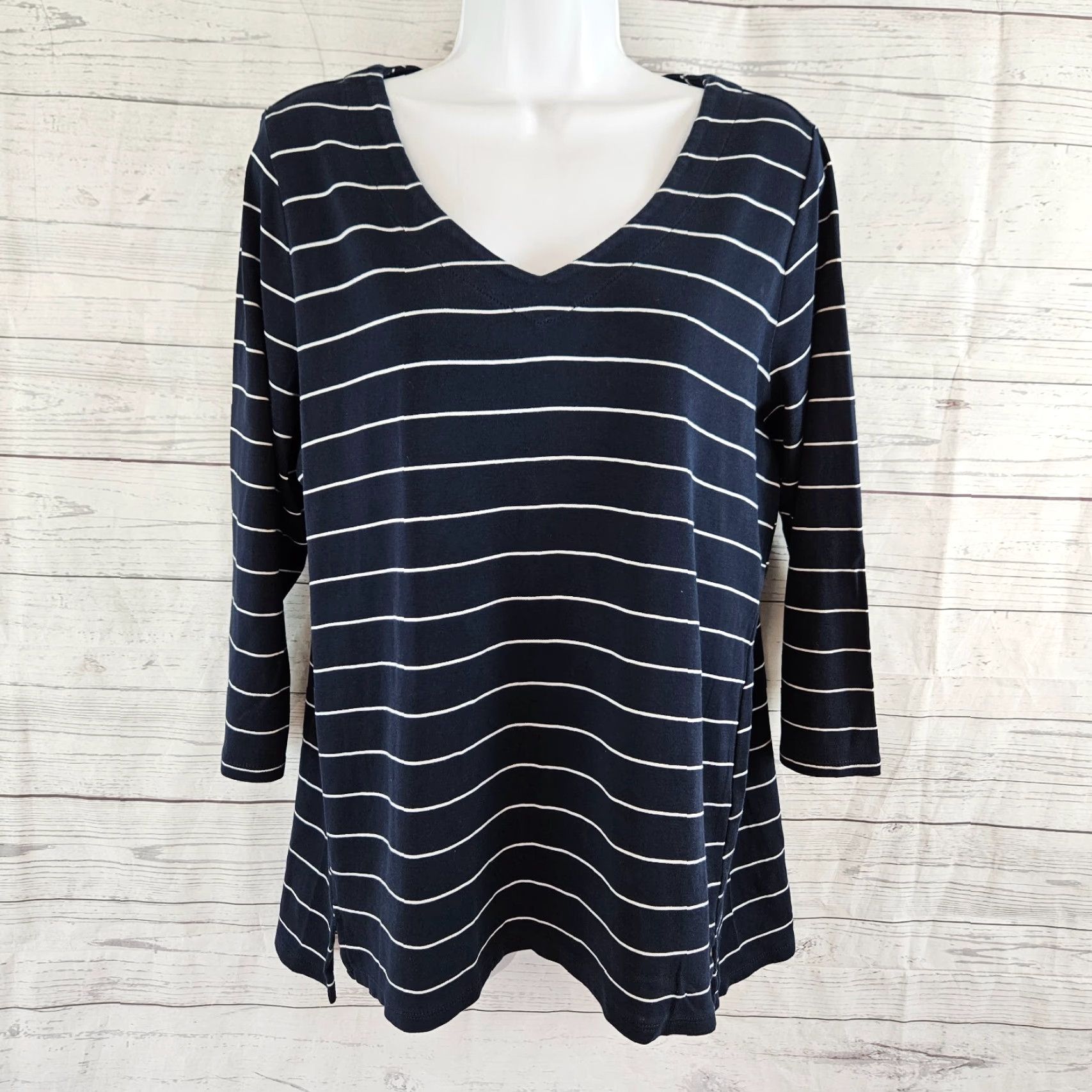 J. Jill J Jill Womens Pima 3/4 Sleeve V-Neck Top Sz Large Blue White Stripe Shirt Womens Size L / US 10 / IT 46 - 2 Thumbnail