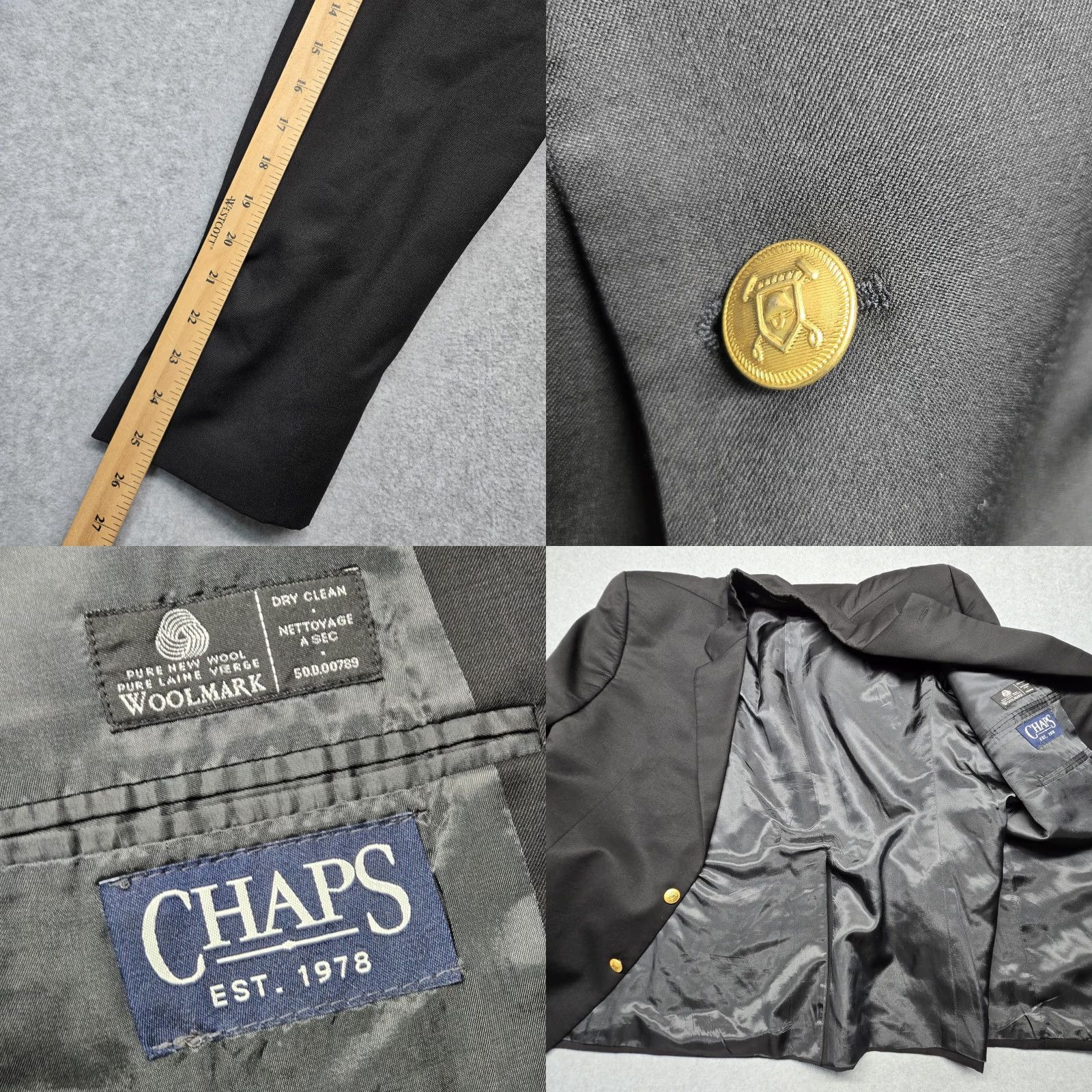 Chaps Chaps Blazer Mens 46 Regular Black Wool Sport Coat Gold Buttons Classic Size 40R - 9 Thumbnail
