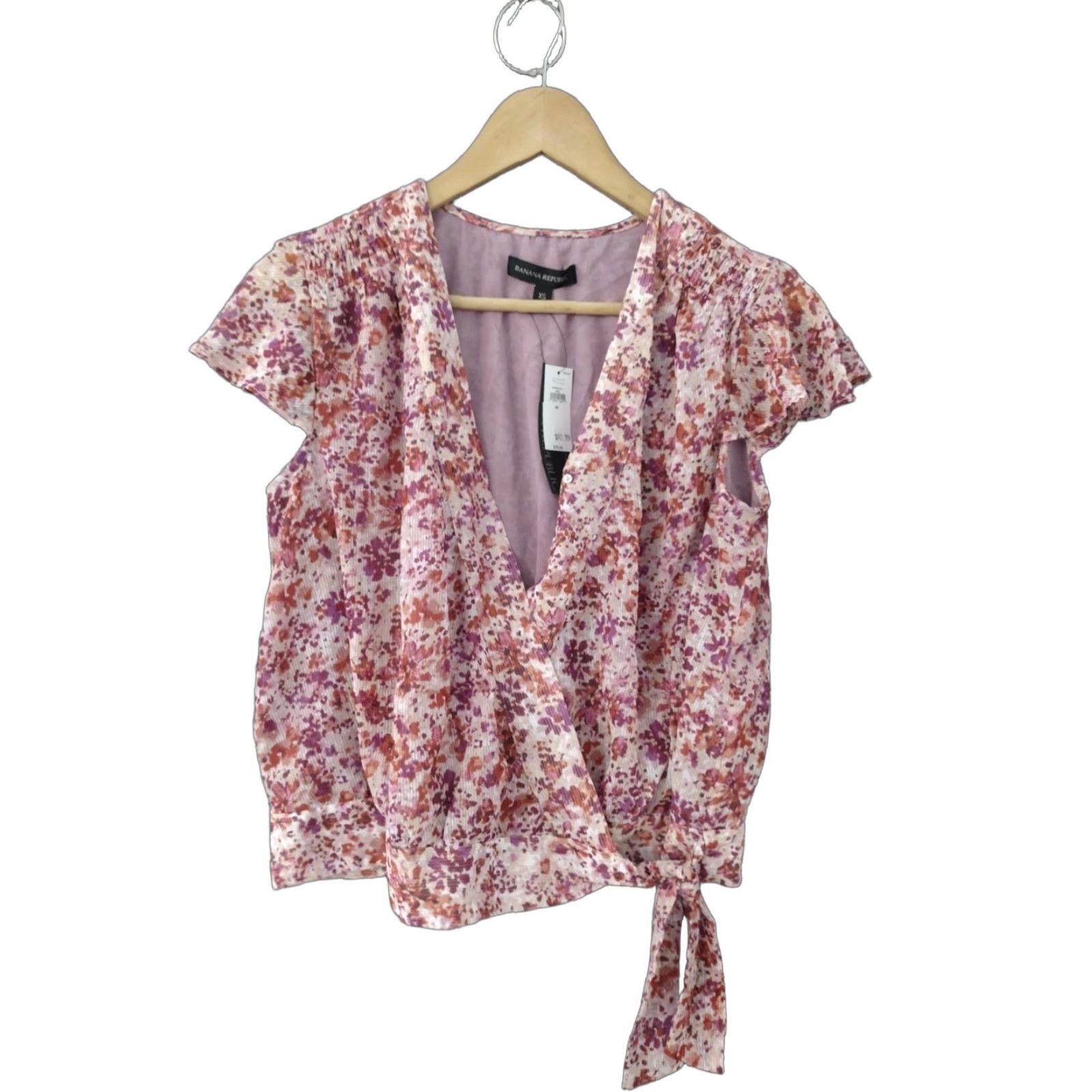 Banana Republic Banana Republic Plunge V-Neck Multicolor Tie Side Cap Sleeves XS Blouse Womens Floral Pattern Lightweight Polyester Blended Fabric Short Sleeve Size ONE SIZE - 1 Thumbnail