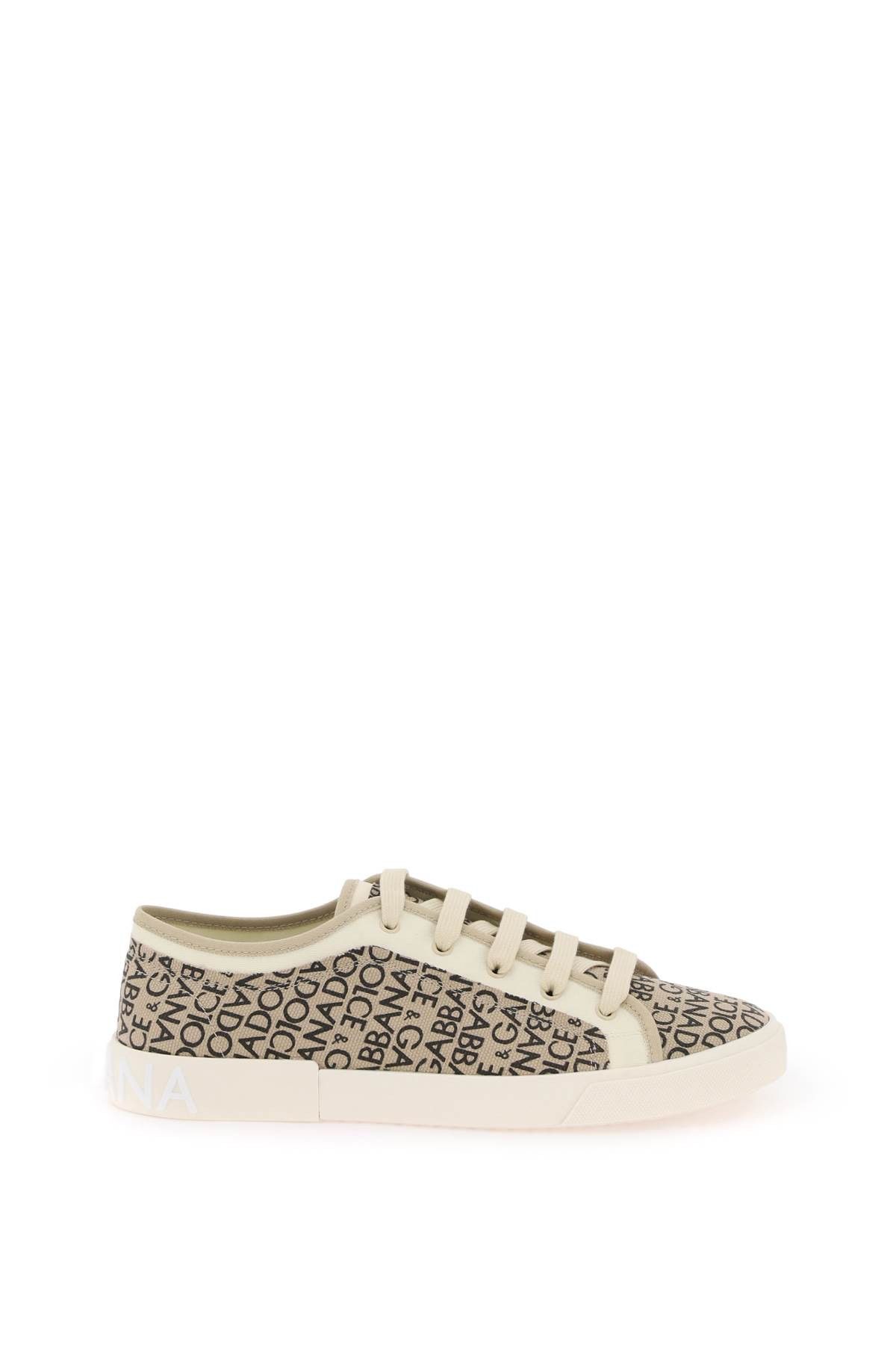 image of Dolce Gabbana Portofino Vintage Printed Canvas Sneakers in Dg Nero F Do Beige (Size 10)