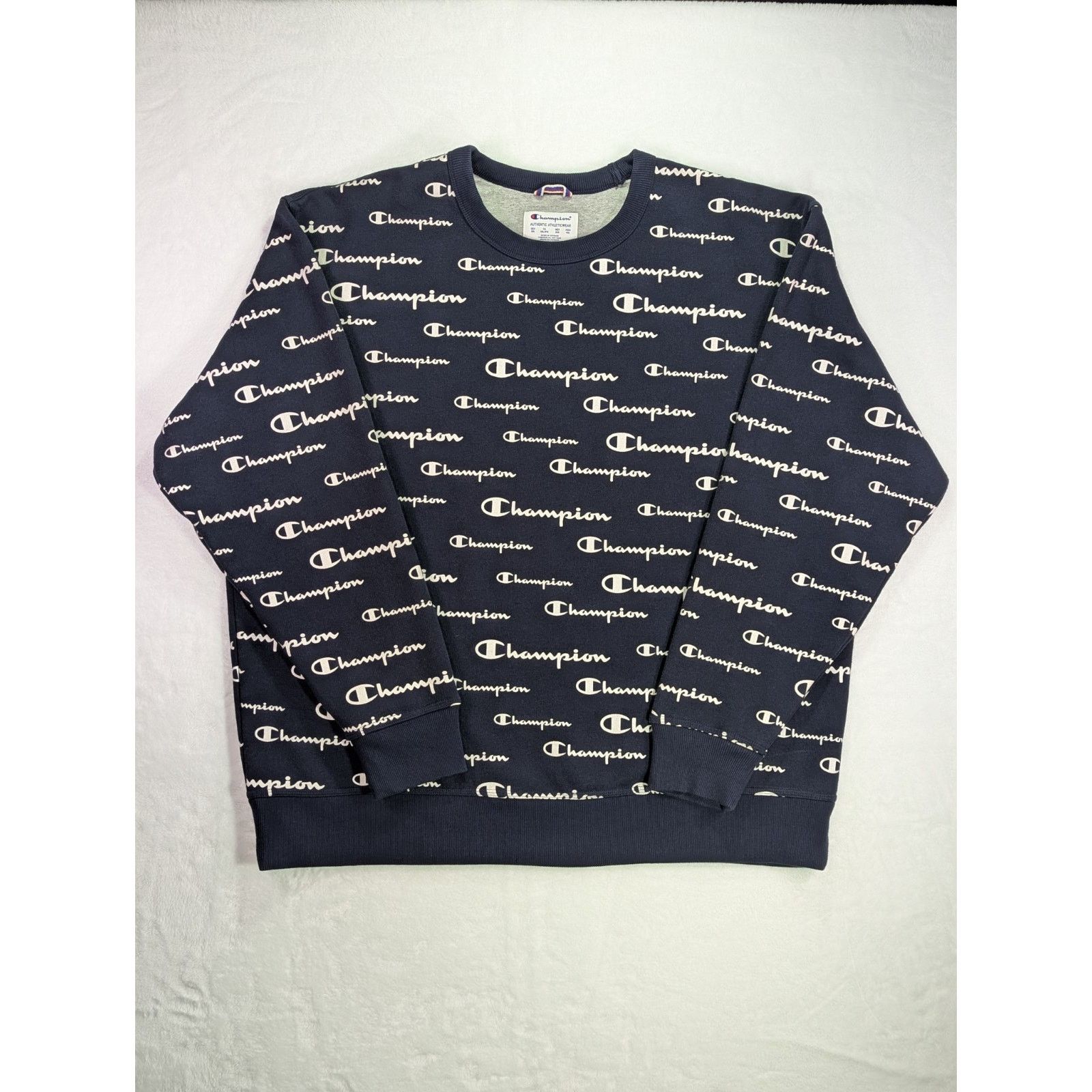 Champion Champion Script All-Over Print Navy Crewneck Sweatshirt 2XL Size US XXL / EU 58 / 5 - 1 Thumbnail