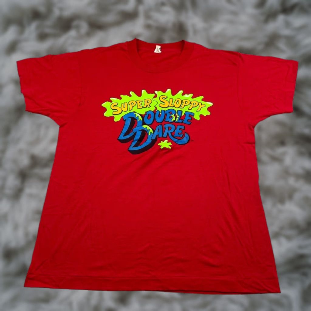 VTG Nickelodeon Double Dare T-Shirt Red Large Screen Stars 1990s Short Sleeve Cotton Blend Single Stitch 2-Sided Graphic Men USA
