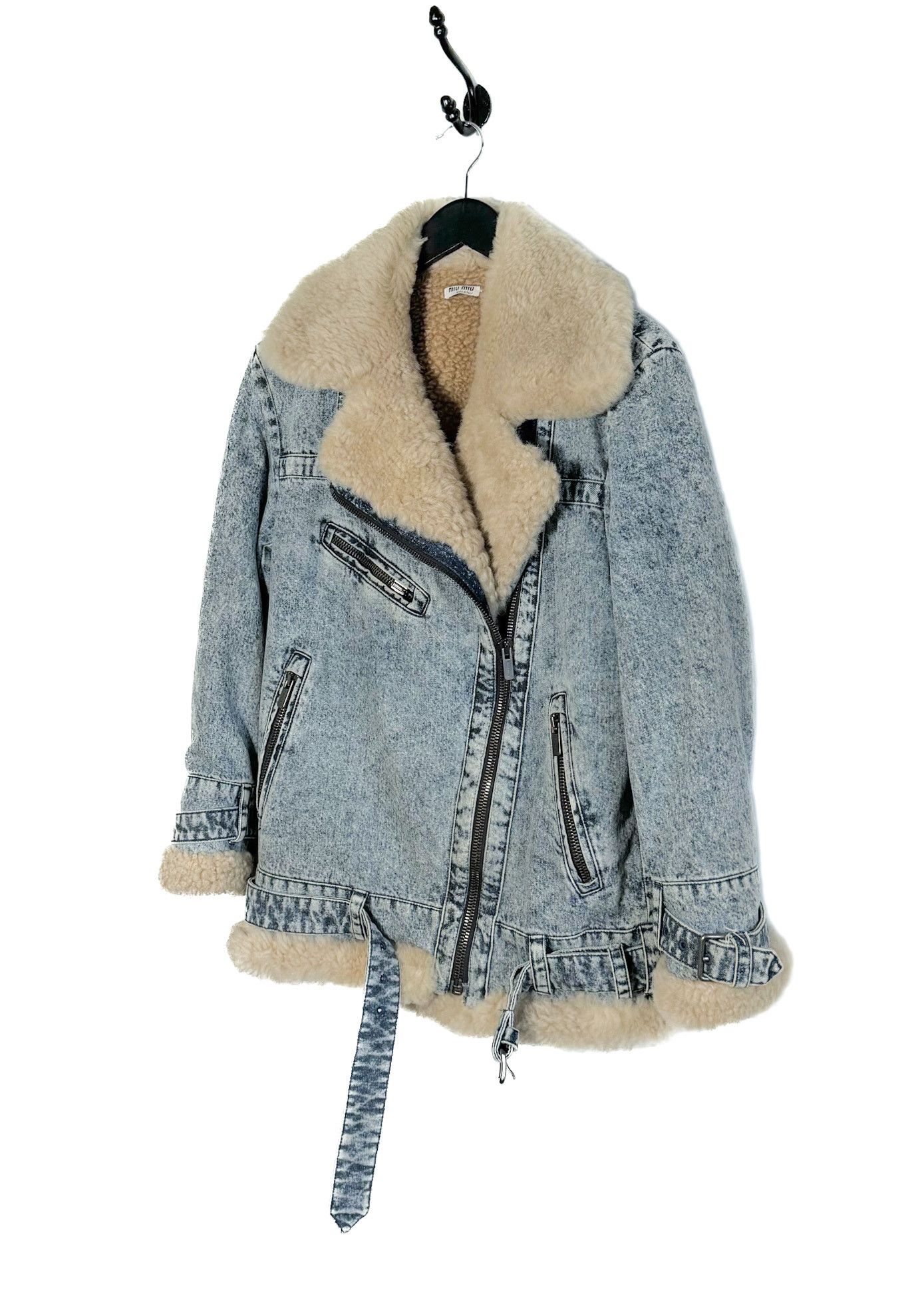 Miu Miu Miu Miu FW 2019 Blue Denim Shearling Aviator Biker Jacket Size XXS / US 00 / IT 34 - 2 Thumbnail