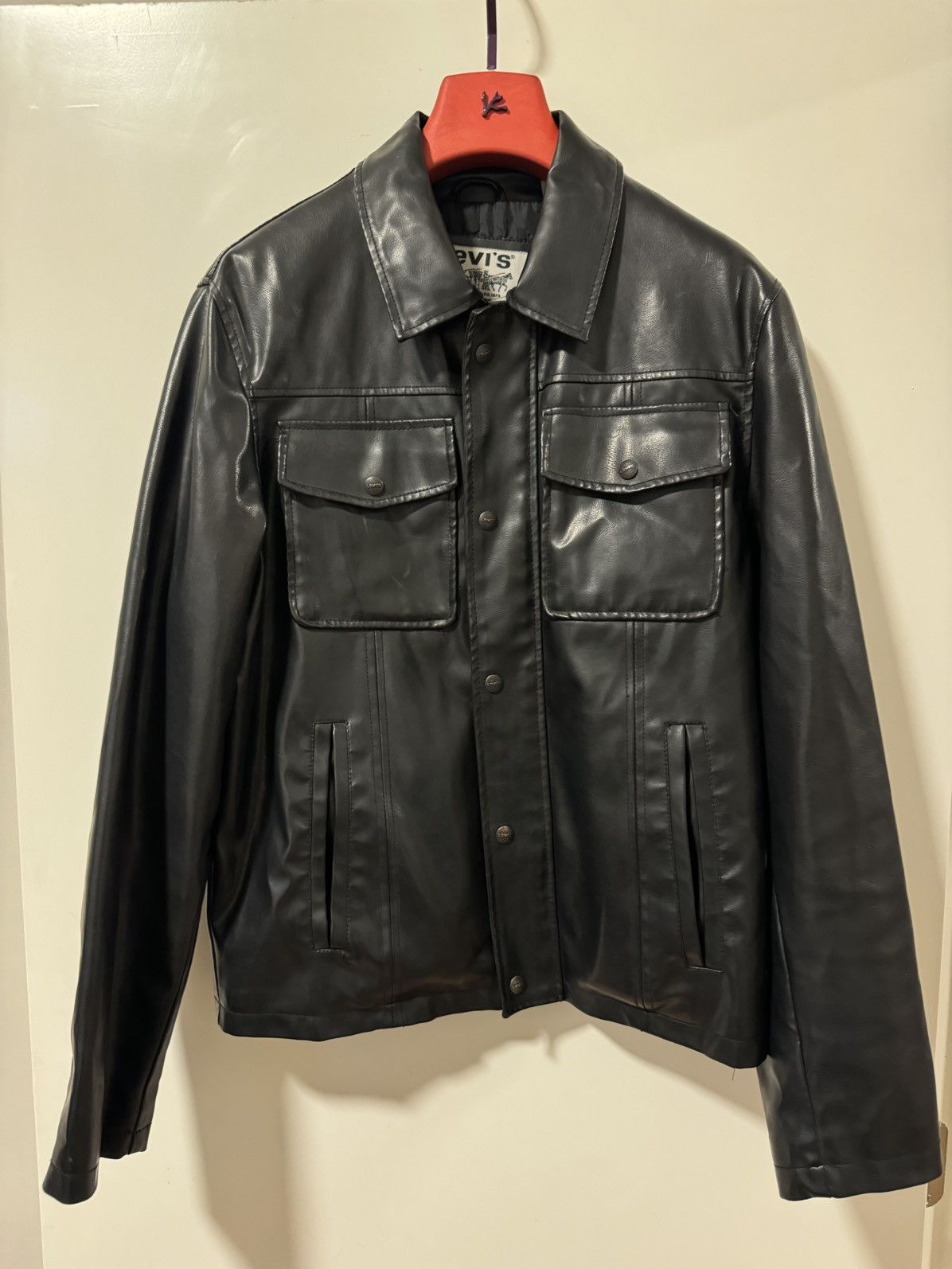 image of Levis Levi’S Leather Black Denim Style Jacket, Men's (Size Large)