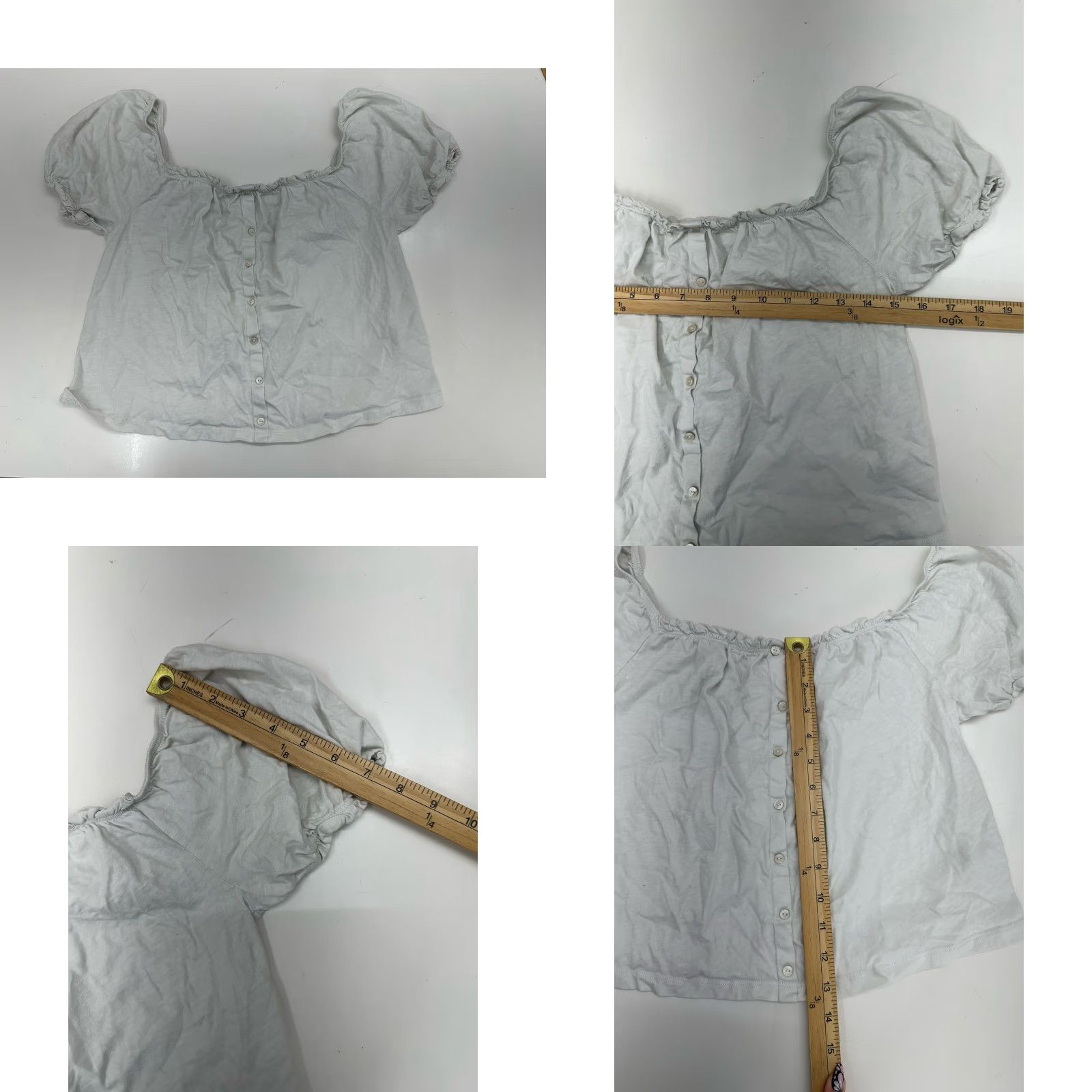 American Eagle Outfitters American Eagle Womens Blouse White Short Puff Sleeve Button Up Size Small Knit 100% Cotton Regular Womens Size 28" / US 6 / IT 42 - 8 Thumbnail