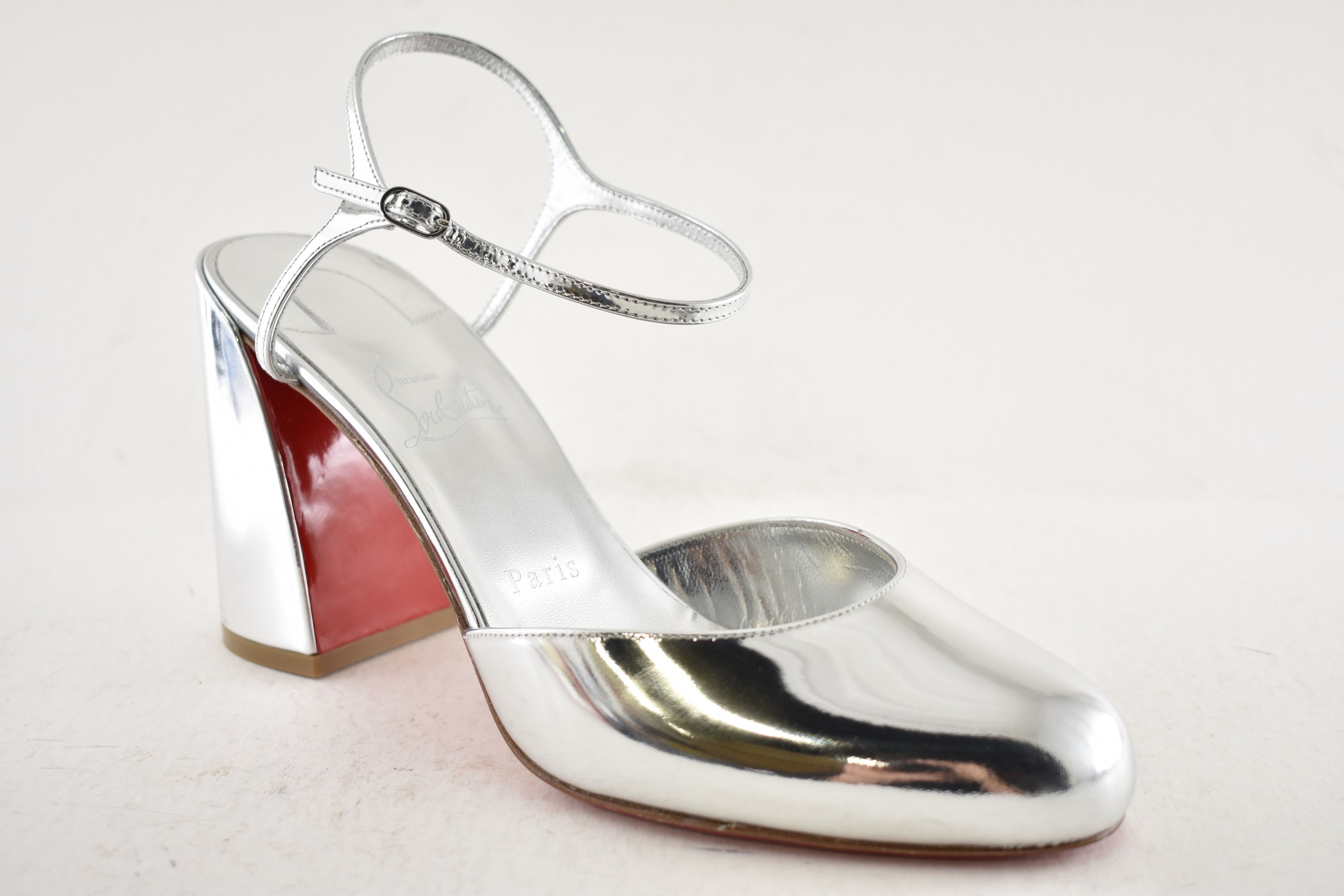 Christian Louboutin Jane Pump 85 Silver Leather Ankle Strap Block Heel Sandal 40 Size US 10 / IT 40 - 4 Thumbnail