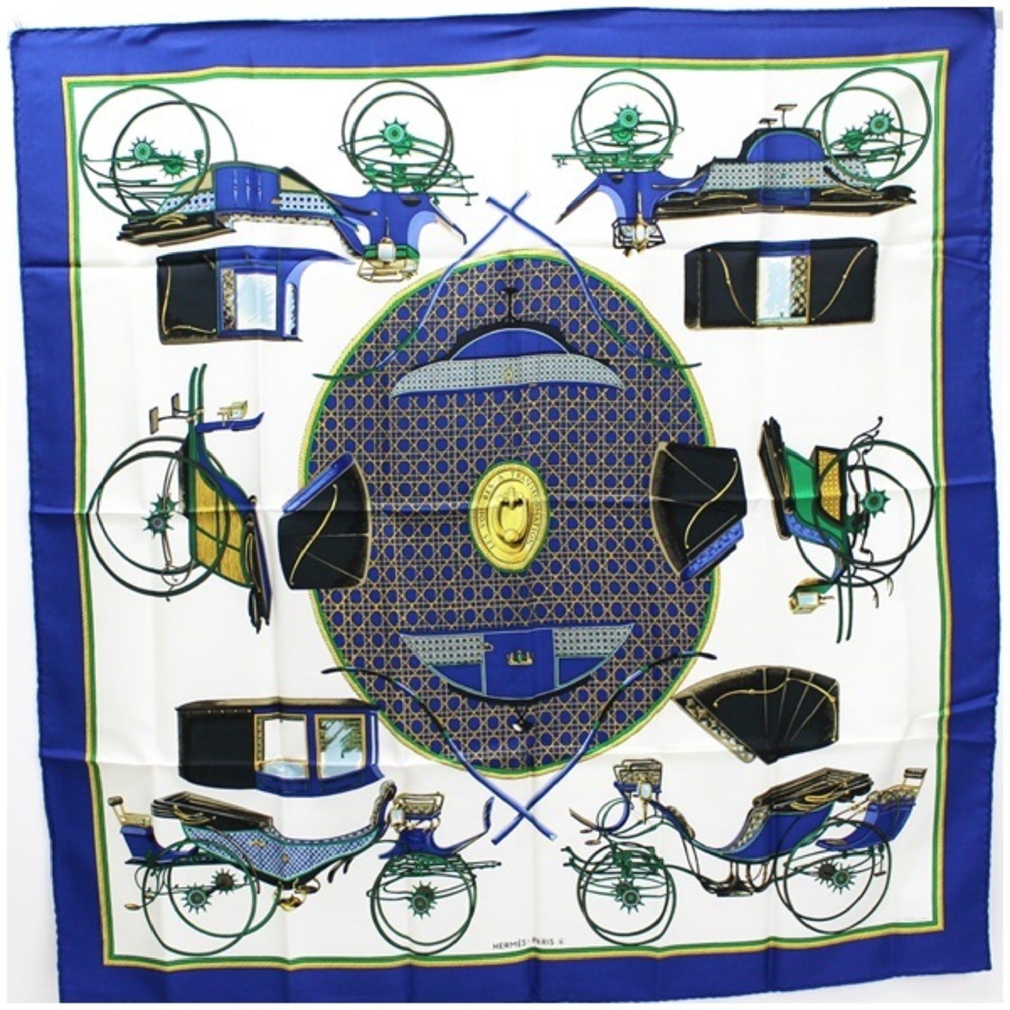 image of Hermes Silk Scarf Muffler Carre 90 Les A Voitures Transformation [Foldable Hooded Carriage] Navy Wo